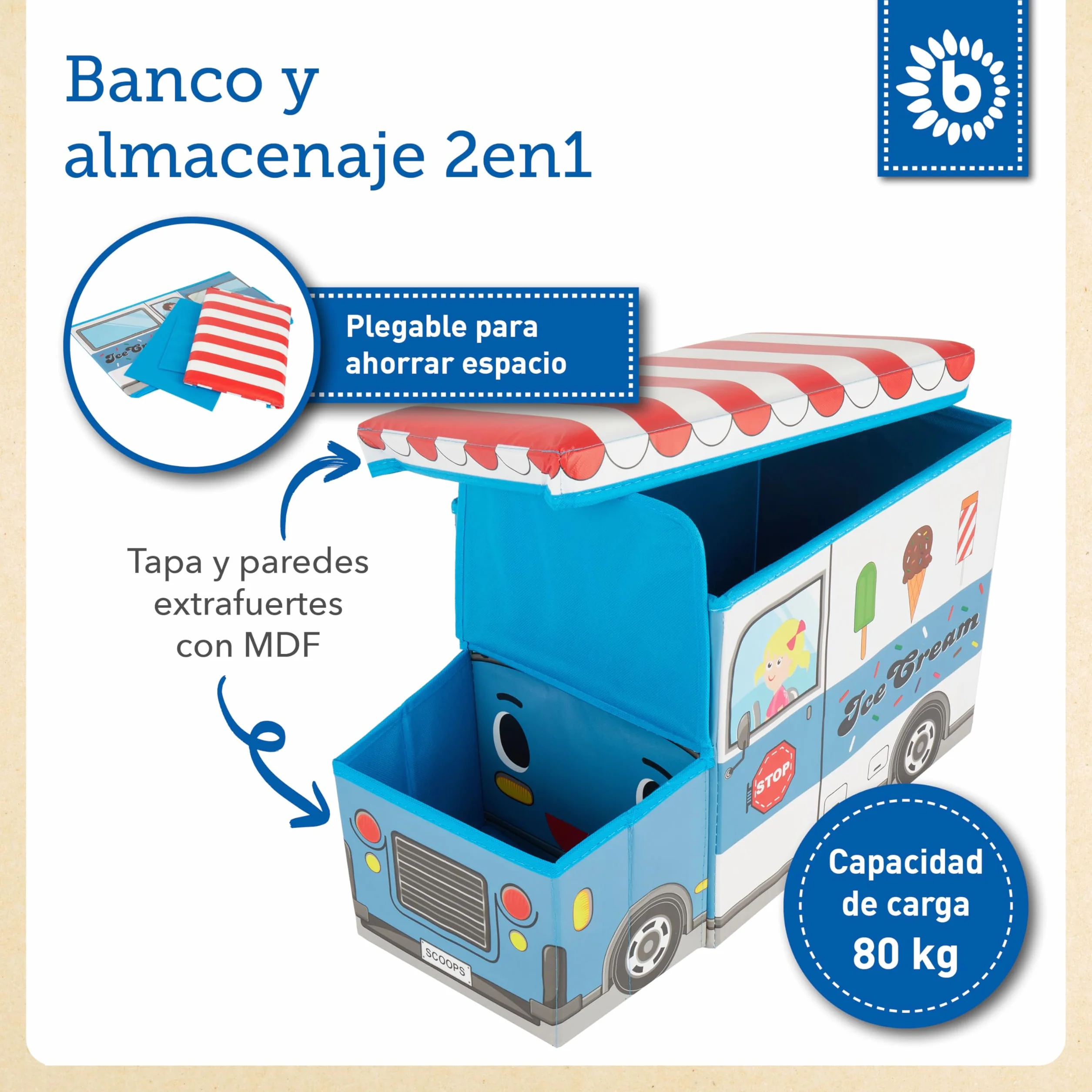Bieco Baúl Juguetes Infantil Plegable Icecream Taburete Asiento Acolchado 80 Kg 46 L