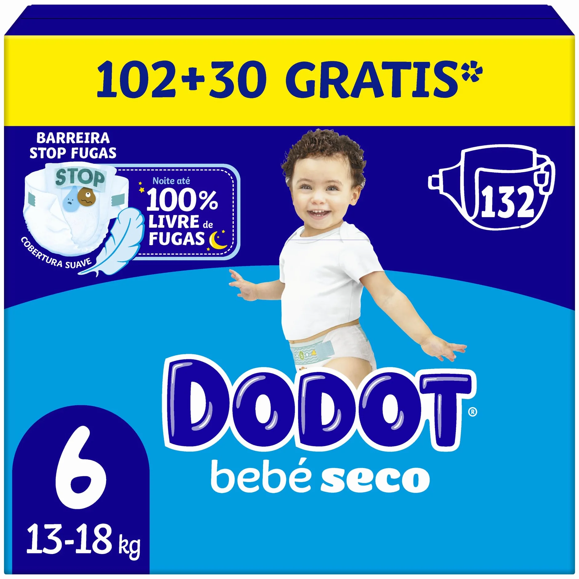 Dodot Pañales Bebé-Seco, Talla 6 (13-18 kg), 132 Pañales + Regalo de 1 Pack de 10 Toallitas Aqua Pure 99% Agua, Una Noche Hasta Un 100% Libre De Fugas, Pack mensual