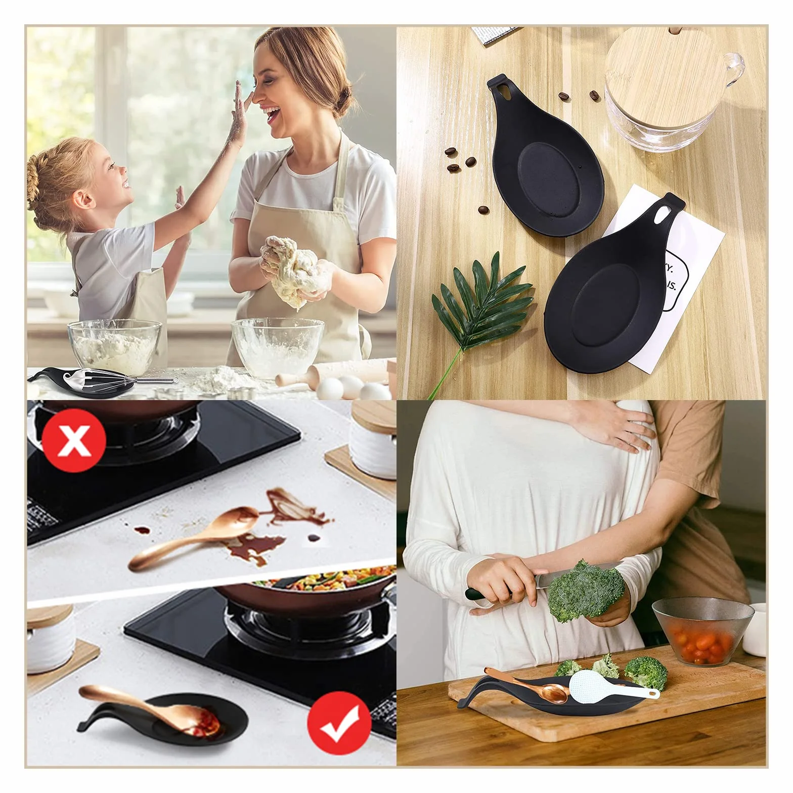 2 Piezas Kitchen Silicone Big Spoon Rest, Reposa Cucharas Silicona de Grado Alimenticio, Soporte De Cuchara Negro, para Cocina Hogar Comedor Utensilios de Almacenamiento de Cocina - Negro