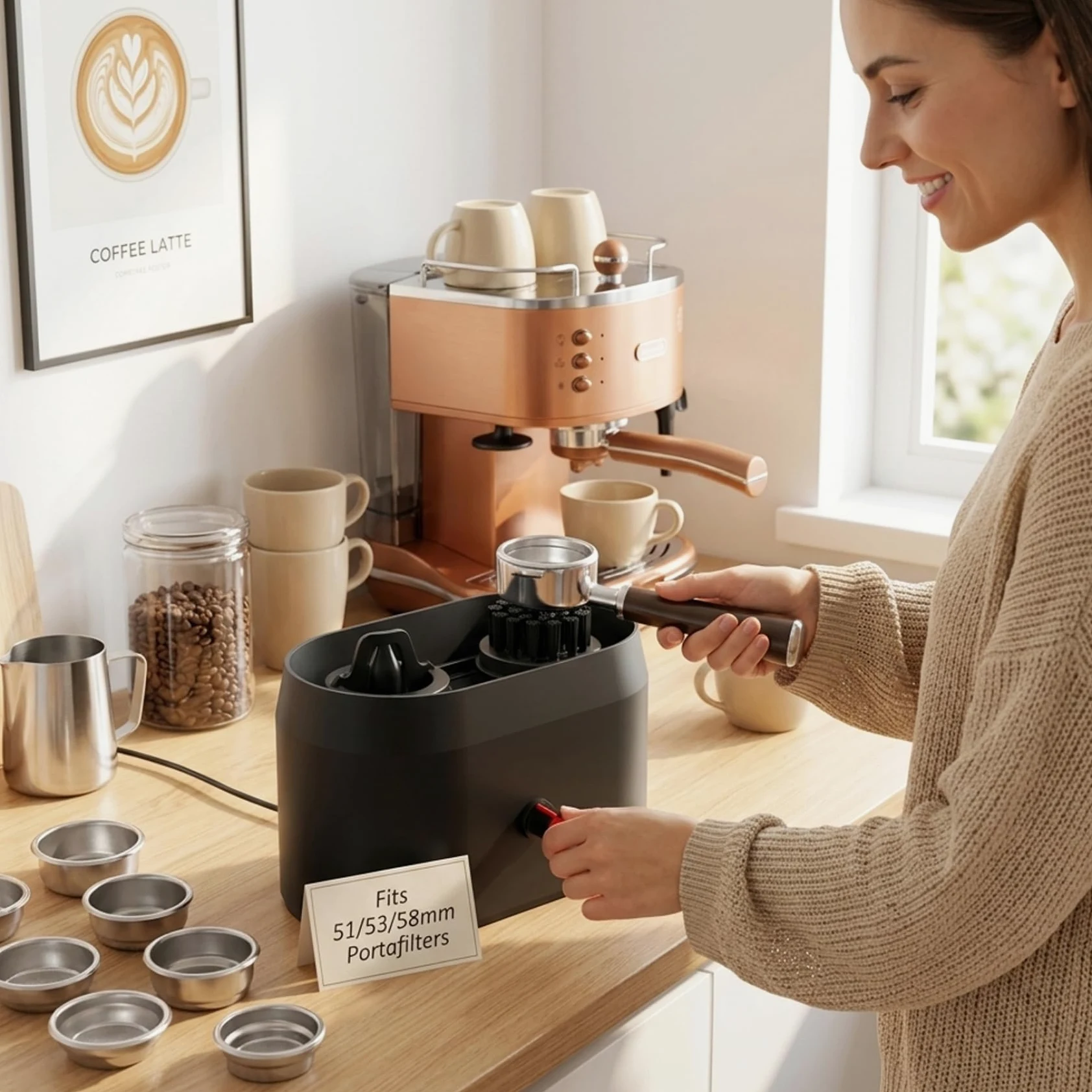 Limpiador automático de portafiltros Kit de limpieza de portafiltros de café con cepillo dedicado Limpiador automático con soporte estable para de espresso.