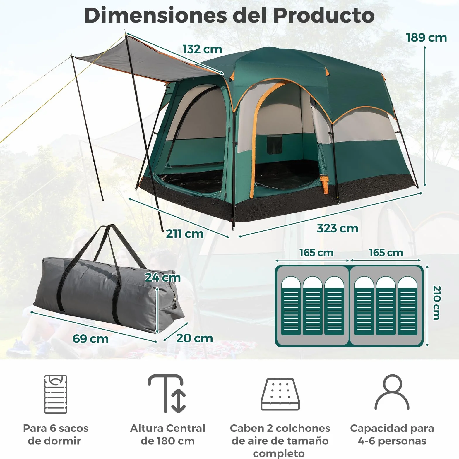 COSTWAY Tienda de Campaña para 6 Personas 2 Habitaciones Impermeable Resistente al Viento Lona PE Ventanas de Malla Bolsa de Transporte