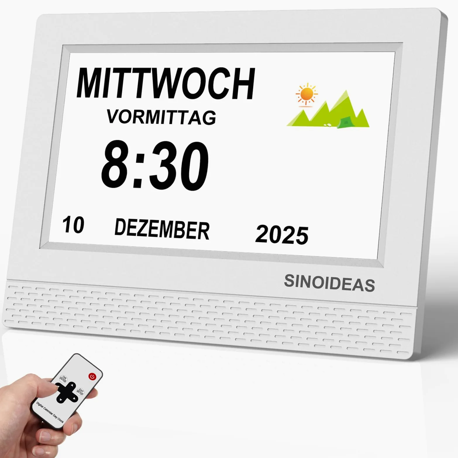 SINOIDEAS Reloj despertador digital de 7 pulgadas para personas mayores, con calendario, 22 recordatorios personalizados y 17 temas (blanco)