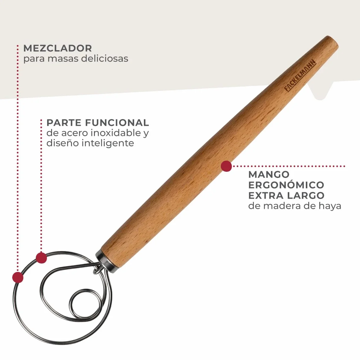 Fackelmann Batidor de masa para pasta, focaccia y masa, batidor para masas aireadas, batidor danés con mango ergonómico de madera de haya, color plata/marrón