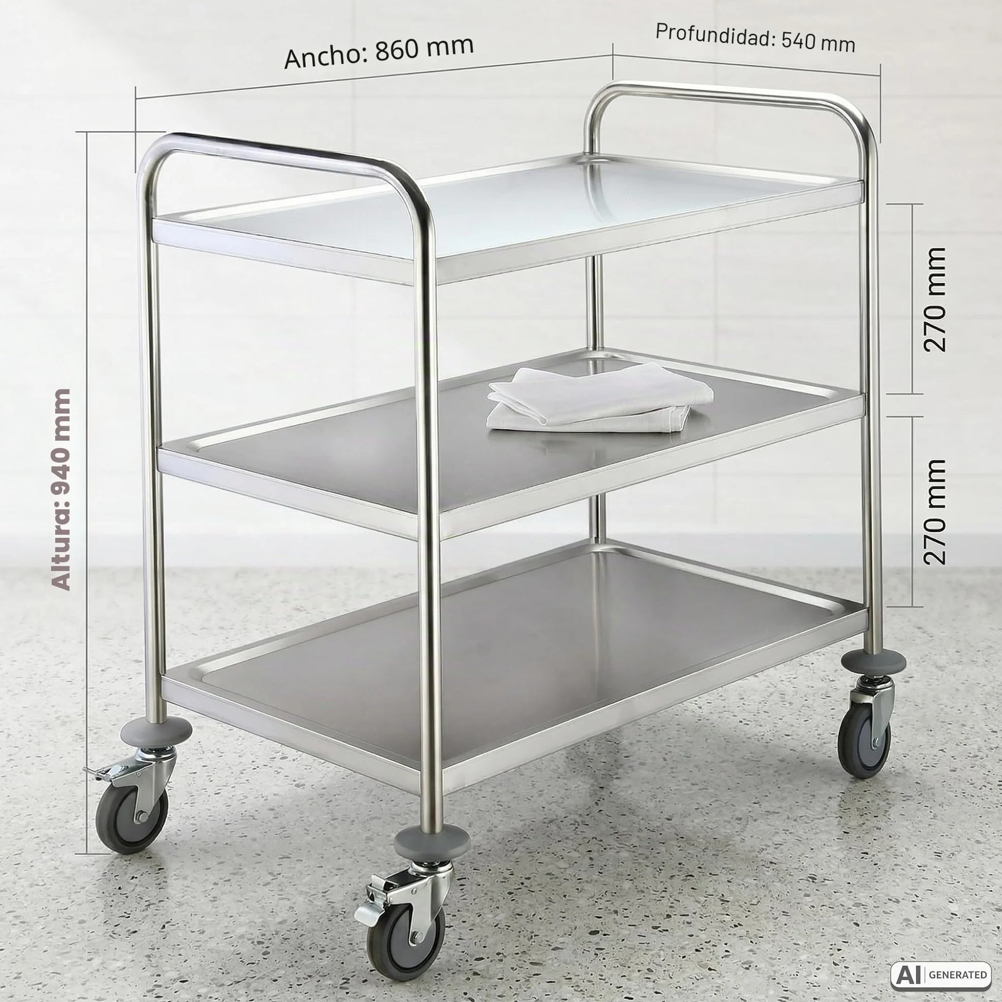 SARO BASTIAN Carro de transporte y servicio con 3 bandejas, acero inoxidable, 80 kg de carga, 4 ruedas (2 con freno), 86 x 54 x 94 cm, para gastronomía y servicio