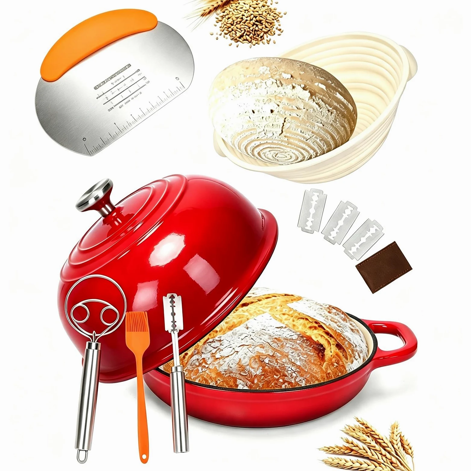 GFTIME Olla de hierro fundido para hornear pan, cacerola con tapa, 5 cuartos de cuarto, horno holandés, sartén para pan con cesta de fermentación, cortador, mezclador de masa, olla de hierro fundido
