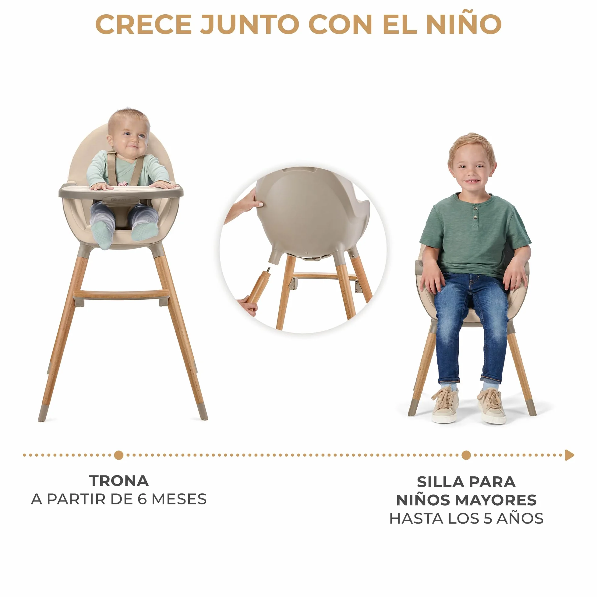 Kinderkraft FINI 2 Trona bebé 2 en 1 Silla Infantil Portátil Patas de Madera Bandeja Ajustable Beige