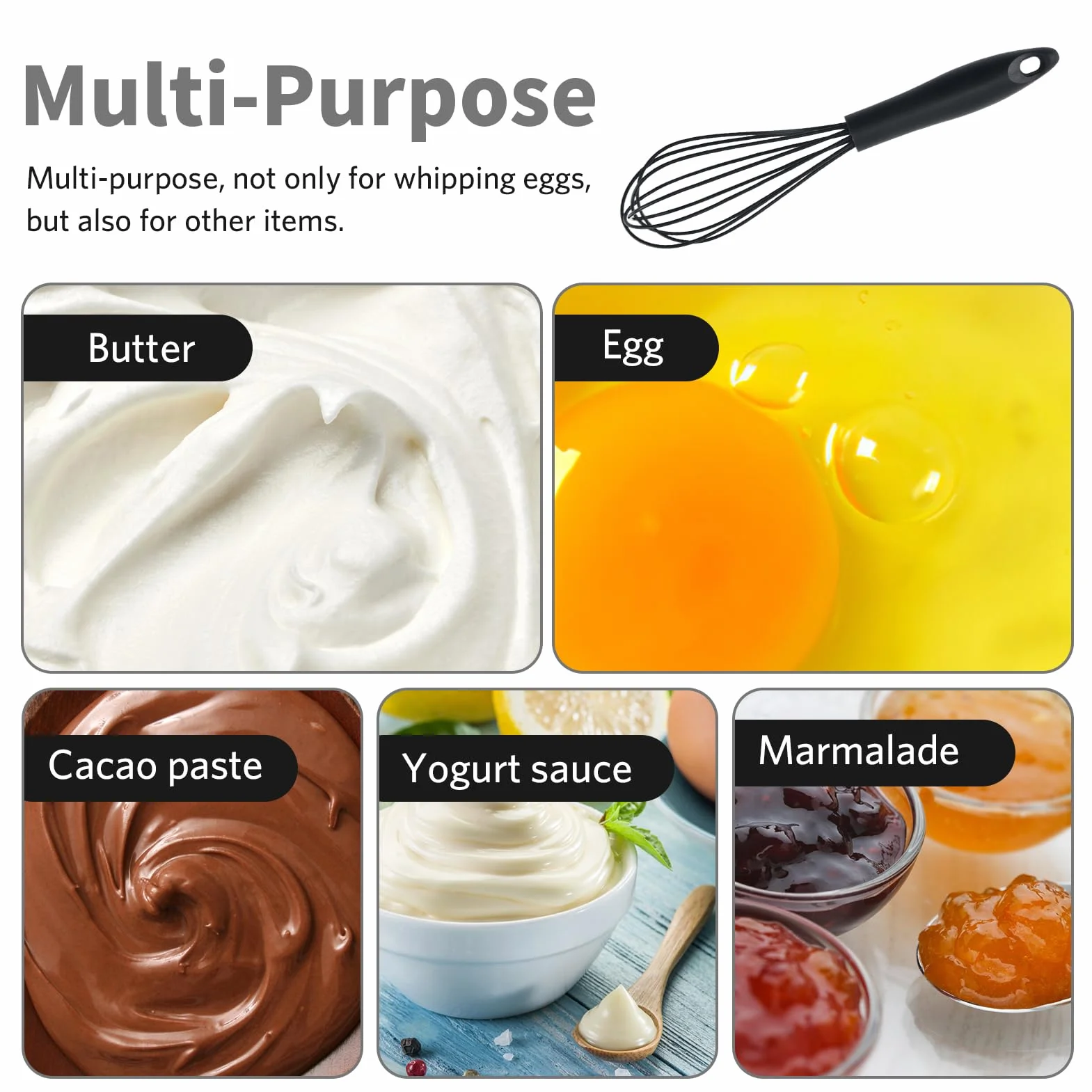 Batidor de Silicona para Cocina,Mango Cómodo y Seguro,Ideal para Batir, Mezclar y Revolver,Manual Varillas para Mezclar Batir Espumar y Revolver,Negro