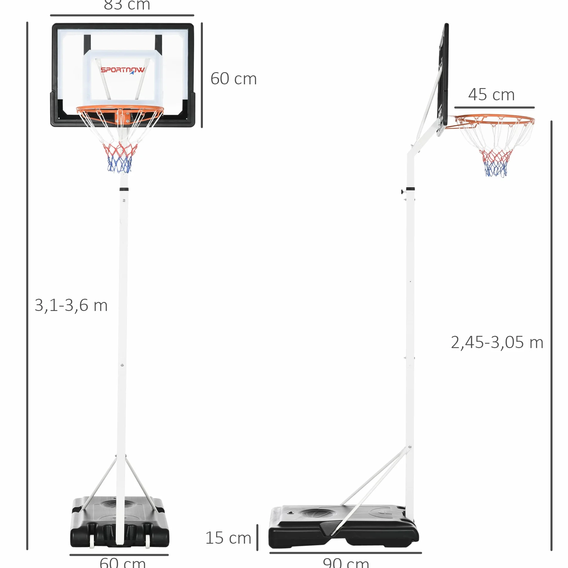 SPORTNOW Canasta de Baloncesto con Ruedas Altura Ajustable 245-305 cm Aro Portátil Tablero PVC Base Rellenable Exteriores 90x83x310-360 cm Blanco