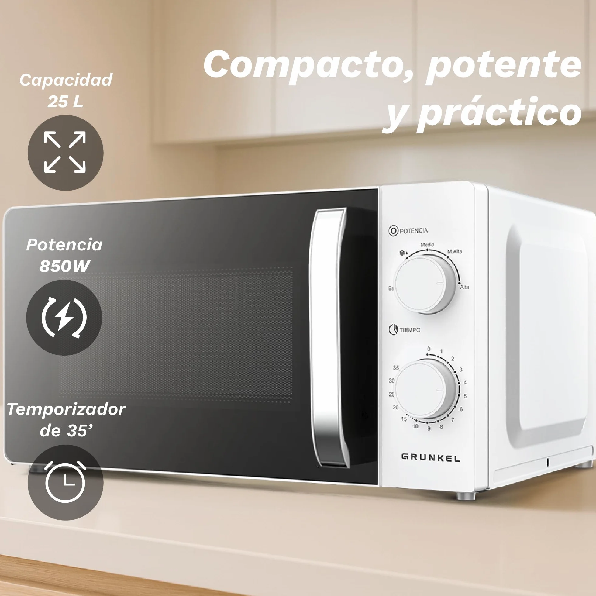 Microondas sin Grill básico de 25 Litros, 850w de potencia Sencillo, temporizador 30min. 5 potencias y descongelación. Fácil de usar