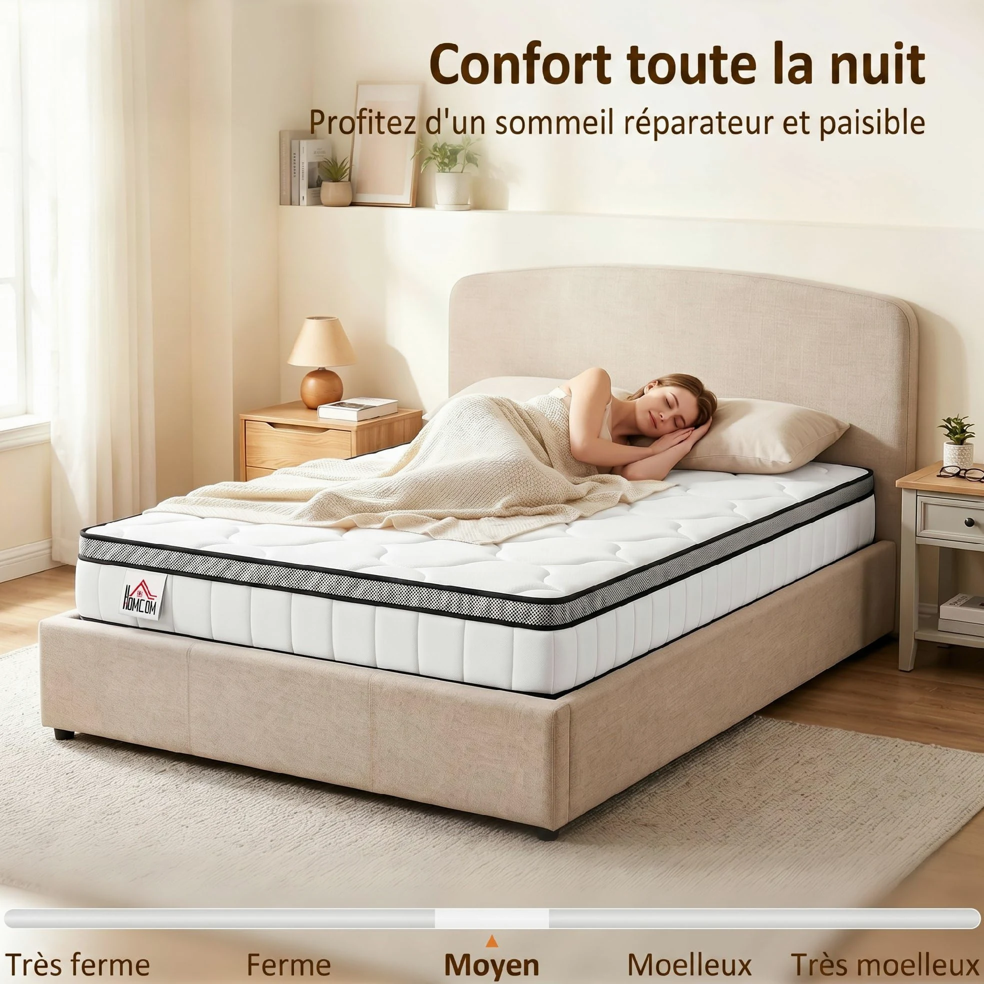 HOMCOM Colchón 90x190cm 20cm Soporte 7 Zonas | Colchón de muelles empaquetados, espuma de memoria con gel refrigerante, certificado Oeko-Tex, firmeza media