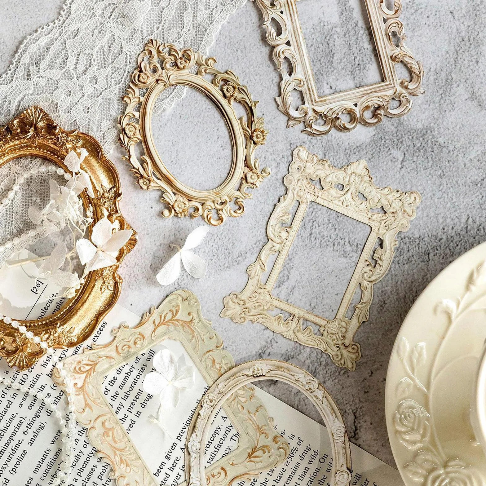 40 hojas de borde de encaje para scrapbook, marco de foto vintage con relieve en hueco, material de fondo para scrapbooking, marco de ventana de papel para diario vintage y accesorios de