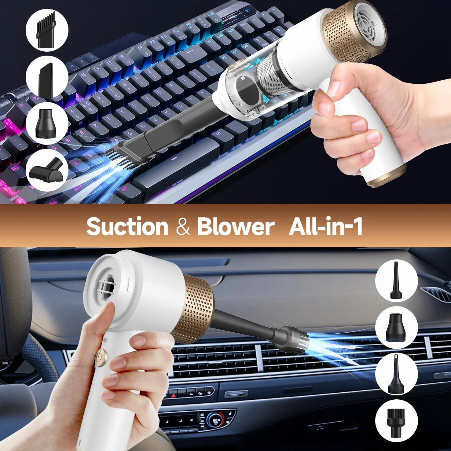 Vizeusvac 16000PA Mini Auto Aspiradora Inalámbrica Potente 7 en 1 Aspiradora de Mano Portátil Inalámbrica con Luz LED Doble Filtro One Touch Vacío Pelo de Animal para Hogar Oficina