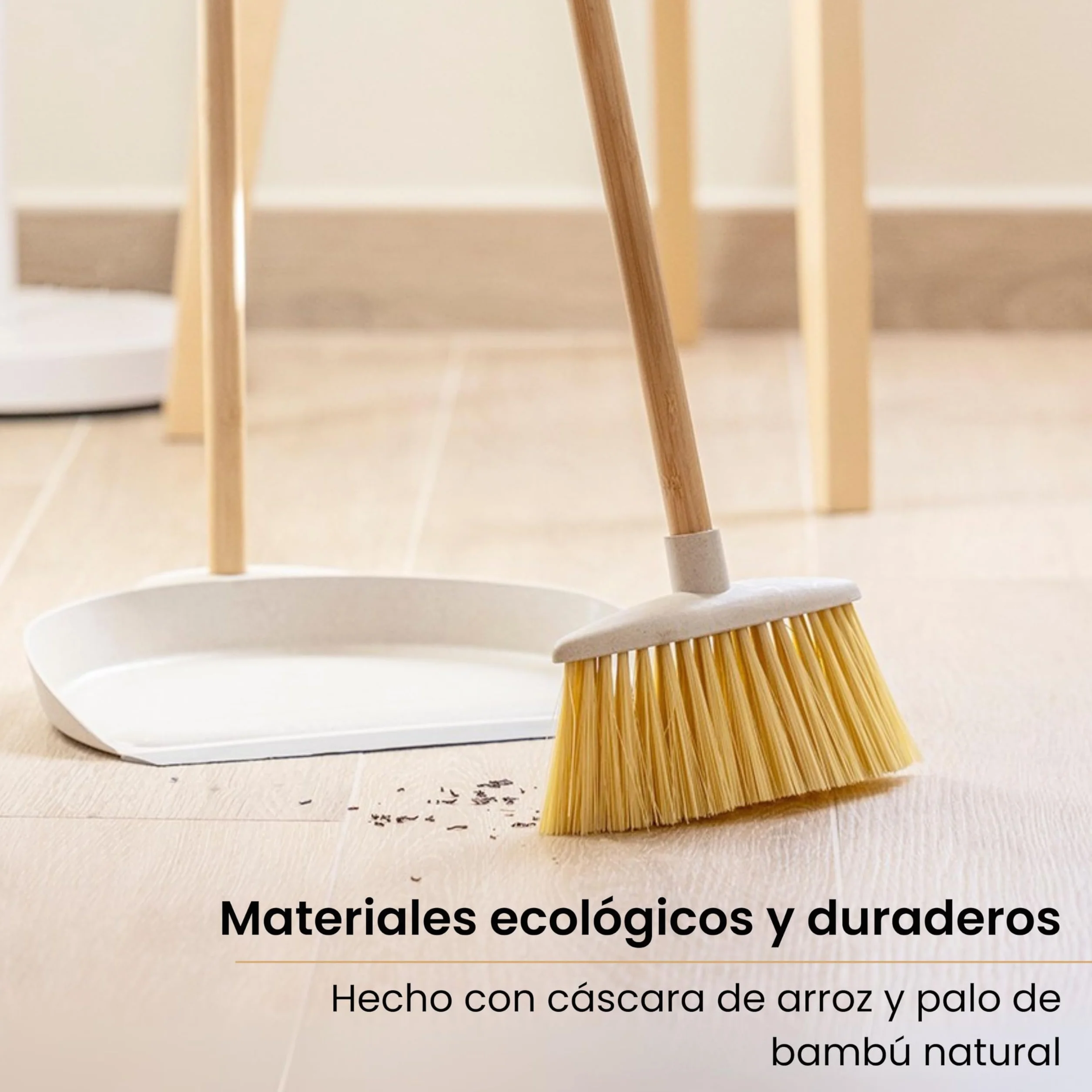 Vigar Zeroline Escoba y Recogedor Mini Desmontable Sistema Clic, Mango Bambú Natural con Regleta Goma, Cepillo Barrer Broom and Dustpan Set Compacto para Limpieza Hogar Cocina Interior, Gris