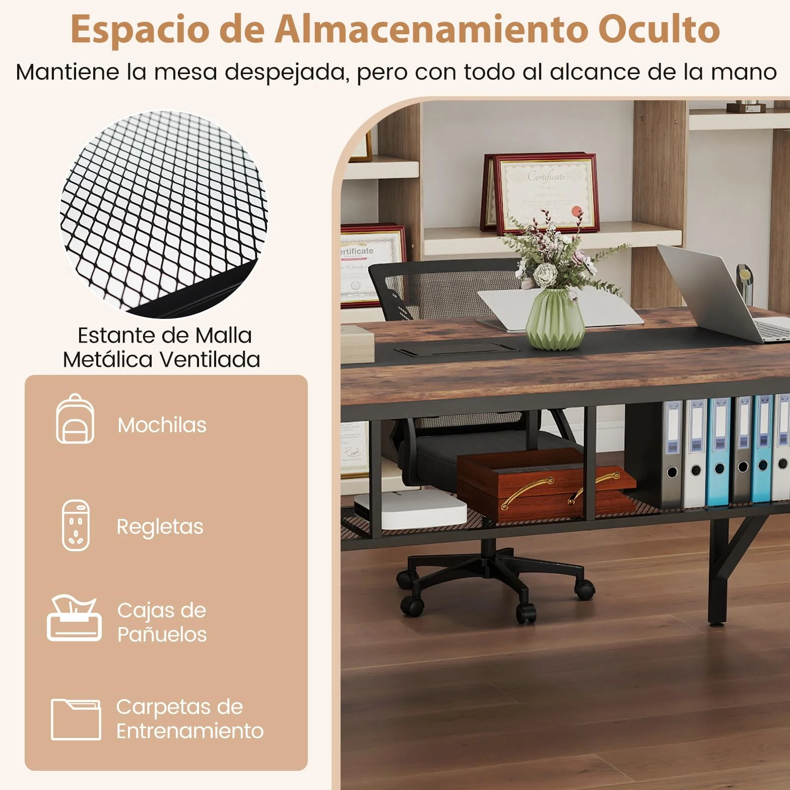 COSTWAY Mesa Rectangular para Reuniones 6-8 Personas, Mesa de Conferencias con Estante de Malla y Pasacables, Escritorio Industrial con Estructura Metálica, Oficina Sala, 180 x 96 x 76 cm