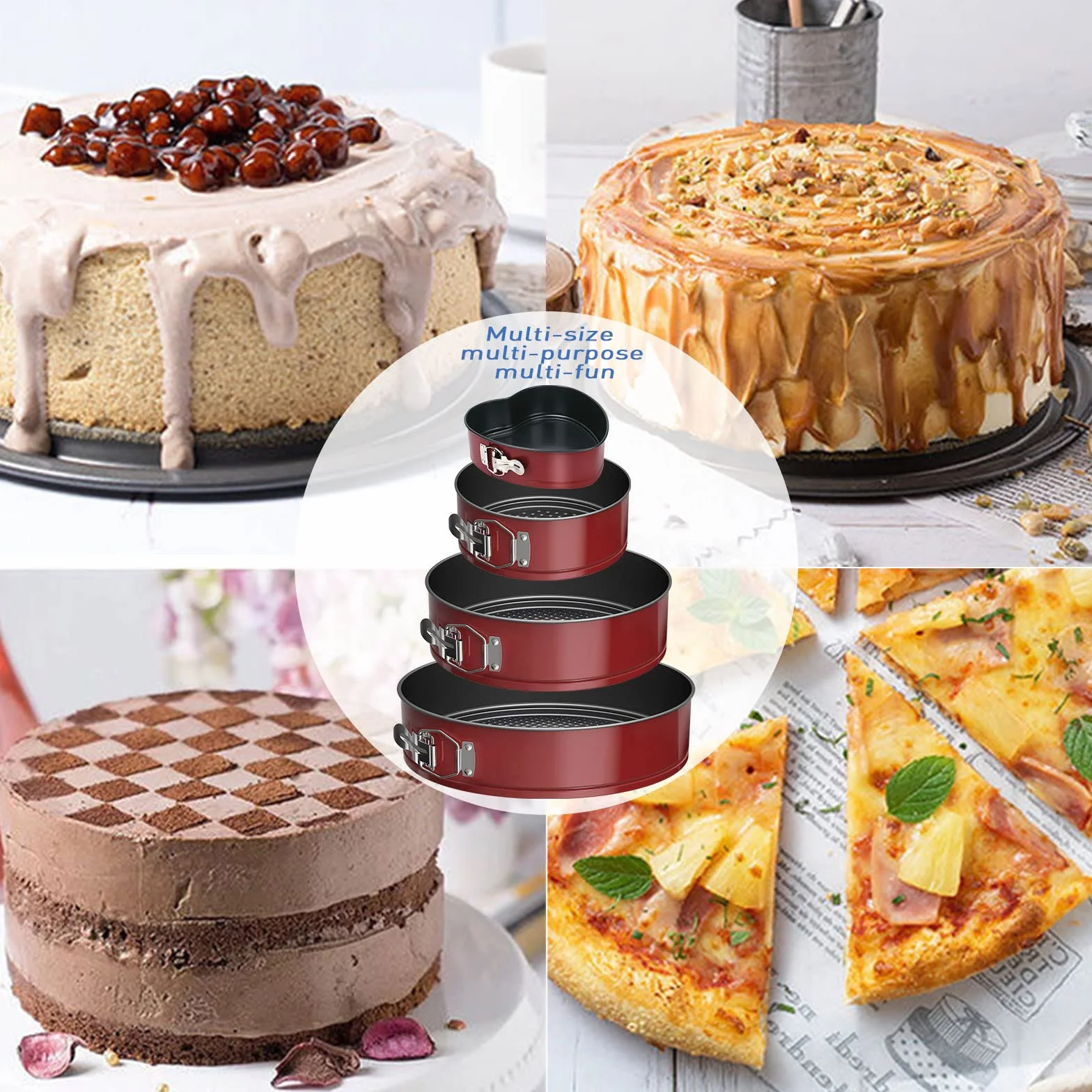 Molde Desmontable de Repostería 4 Piezas, Capa Revestimiento Desmontable Antiadherente, Redondos Moldes para Pasteles 12/18/22/26 cm con Boquillas para Manga Pastelera Set, Raspadores Tartas