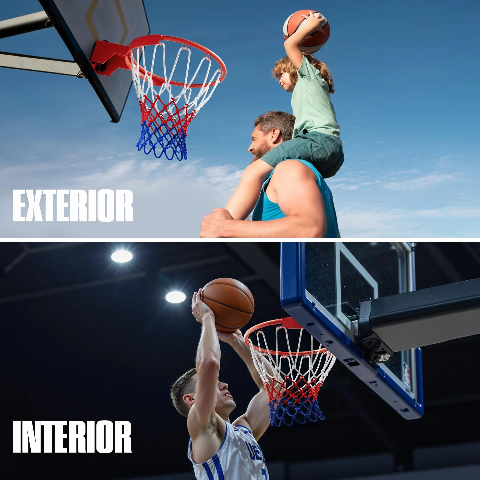 Profesional Red de Baloncesto 150g Repuesto Resistente 12 Ganchos Blanco Rojo Azul