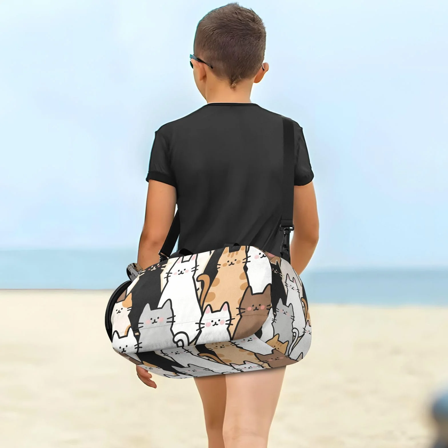 Bolsa de gimnasio pequeña diseño gato dibujos animados compartimento zapatos gran capacidad viaje playa natación