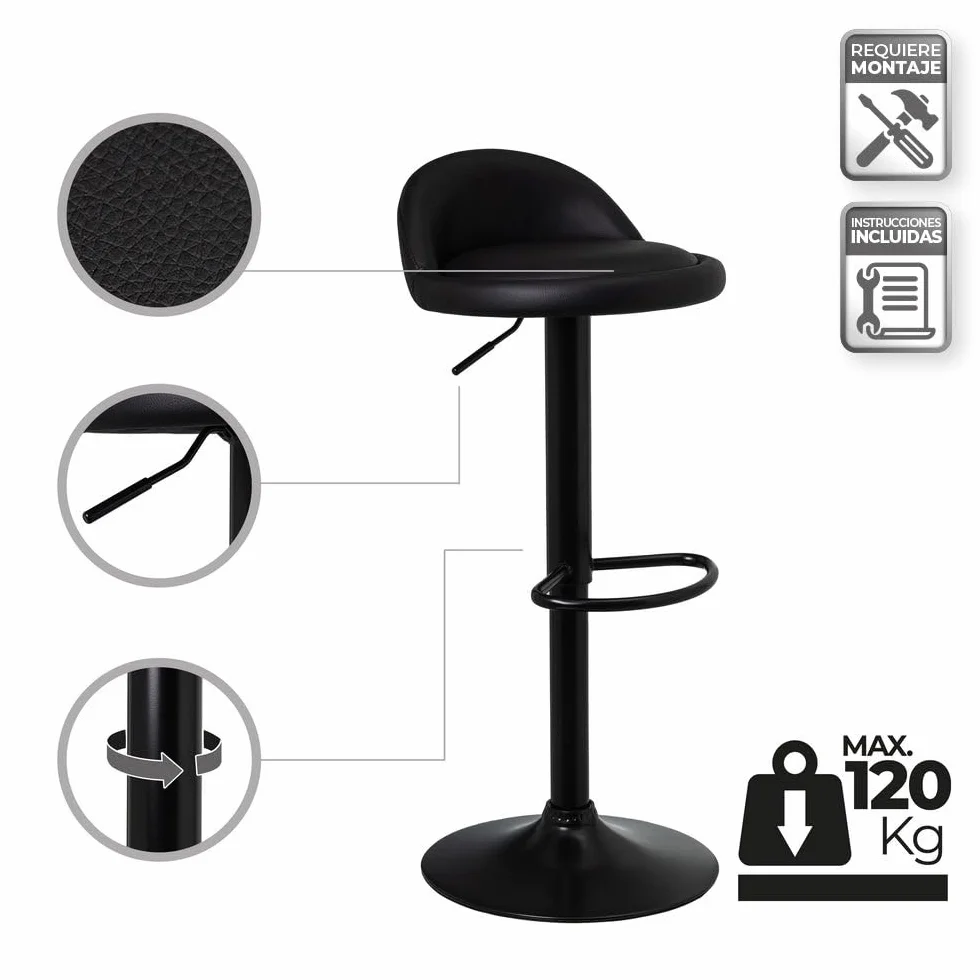 LOLAhome - Taburete de Cocina Giratorio en 360°, Silla de Bar Regulable en Altura de 72 a 92 cm, con Respaldo de Polipiel, Estructura Metal Negra y Reposapiés, Negro