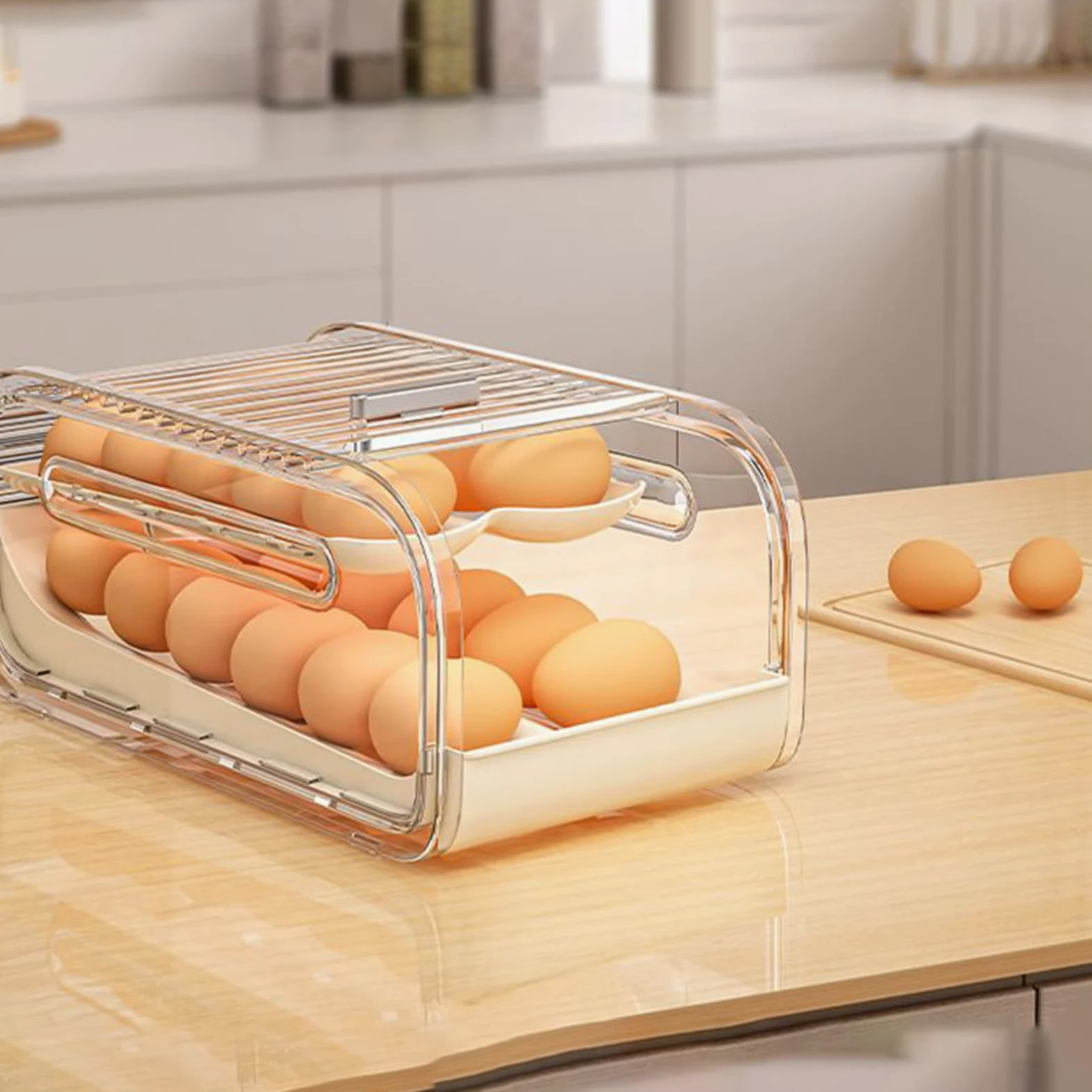 Bandeja Para Huevos Doble Nivel con Tapa Corredera y Rodamiento Automático | Organizador De Huevos Para Encimera Y Para Cocina Despensa Apartamento Hogar Restaurante