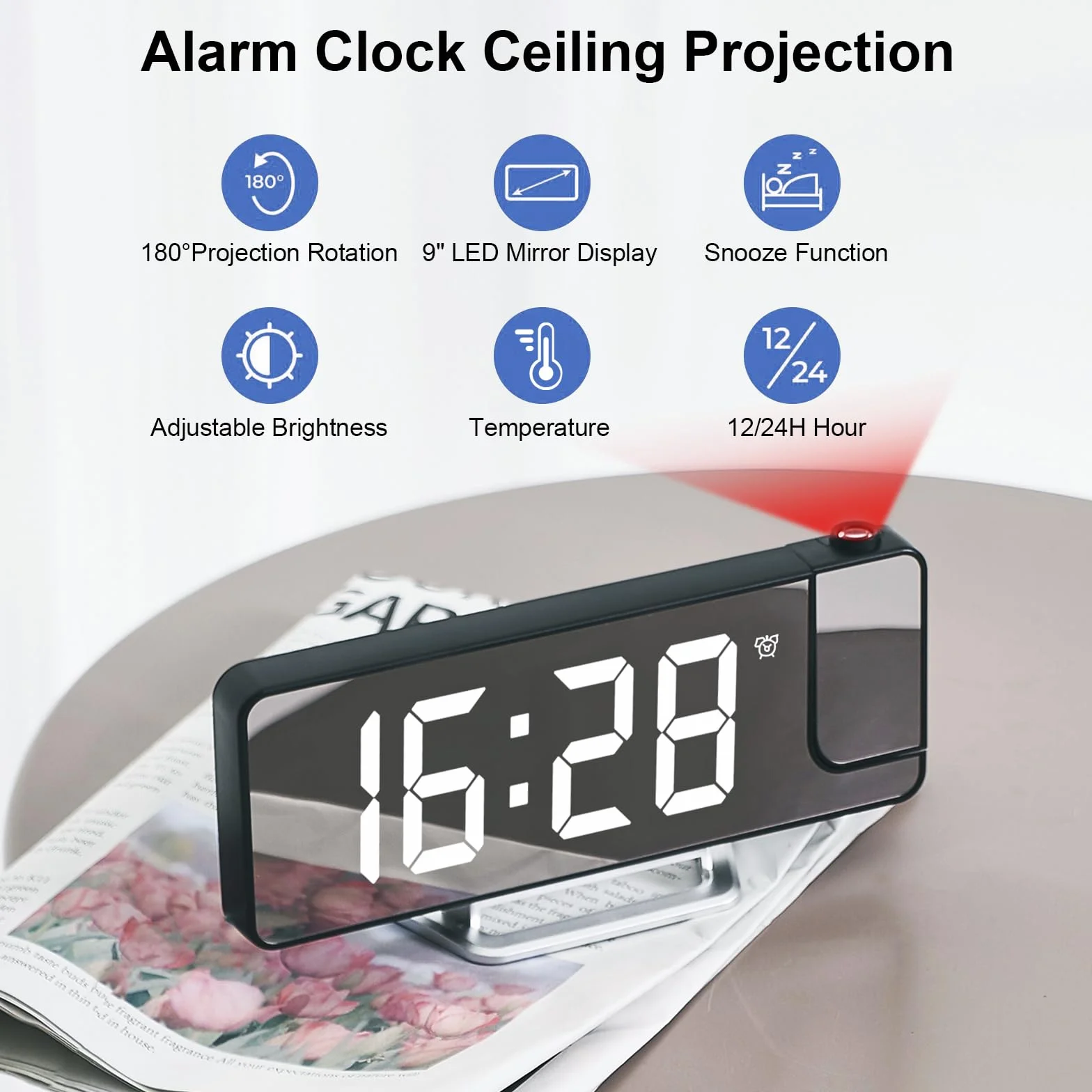 Cuteefun Reloj Despertador Digital con Proyector, Despertador Inteligente con Temperatura, Snooze, 12/24H, Brillo Ajustable, Reloj Proyector Techo para Dormitorio, Números de Blanco
