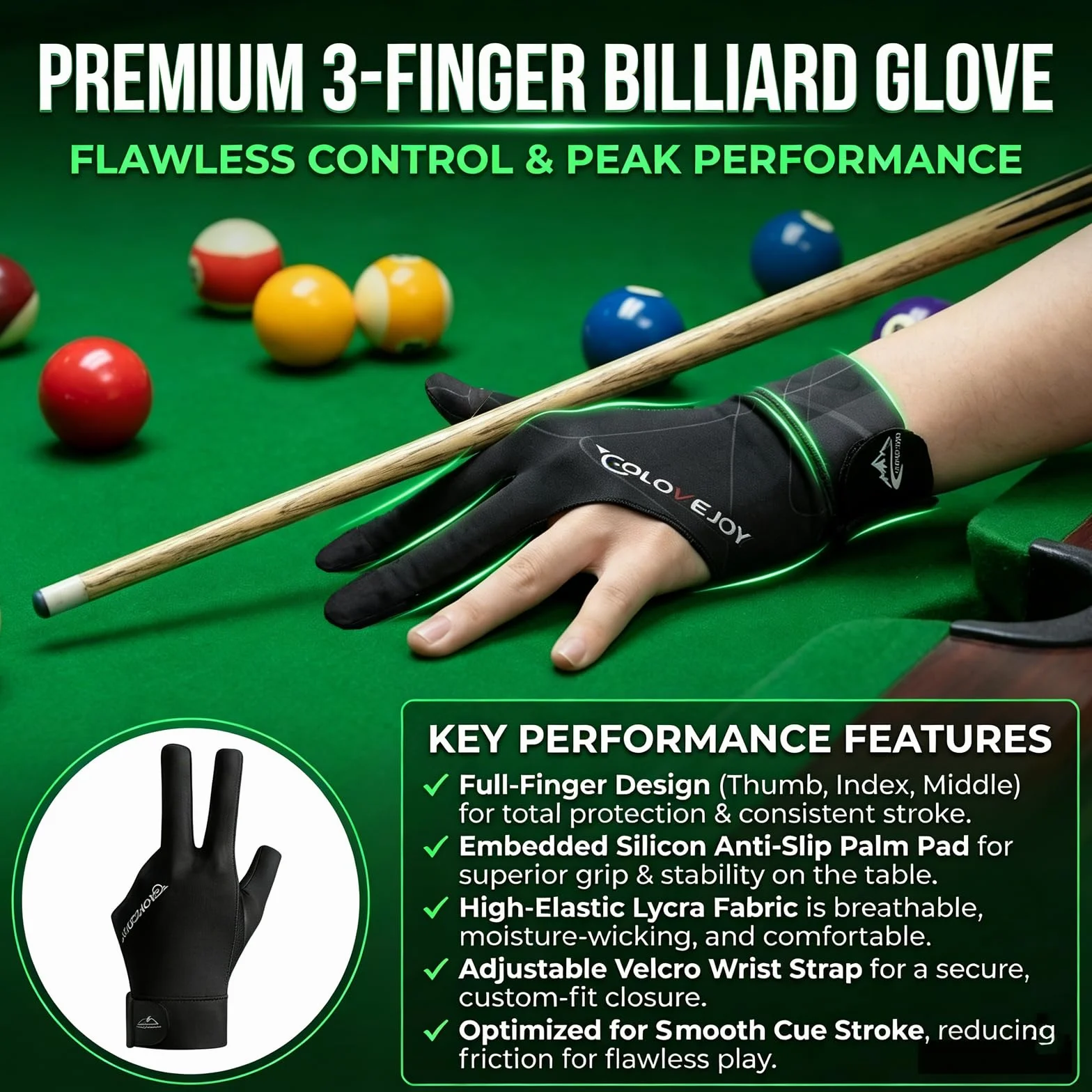 Guantes de Billar de Secado rápido y Transpirables para Snooker – (Secado rápido, Transpirables, Antideslizantes) Guante Deportivo Premium para Mano Izquierda para precisión en (Negro)
