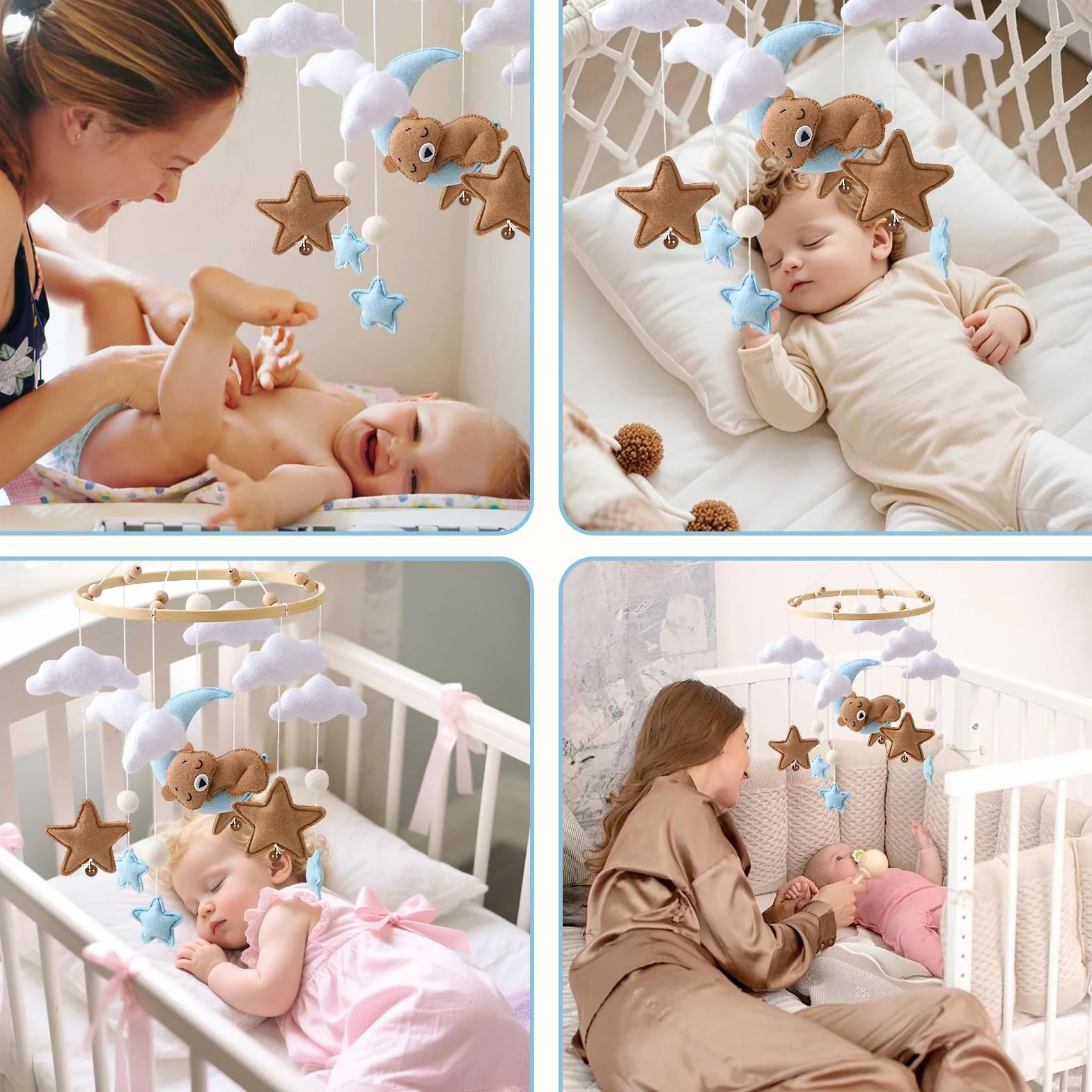 Móvil Decorativo para Cuna de Bebé con Oso Luna Estrellas Nubes
