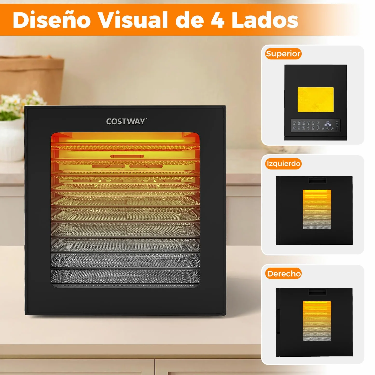 COSTWAY Deshidratador de Alimentos, Secador con 10 Bandejas de Acero Inoxidable, 10 Programas, Temporizador de 48H y Temperatura de 30-75℃, Máquina Deshidratadora para Carne, Frutas