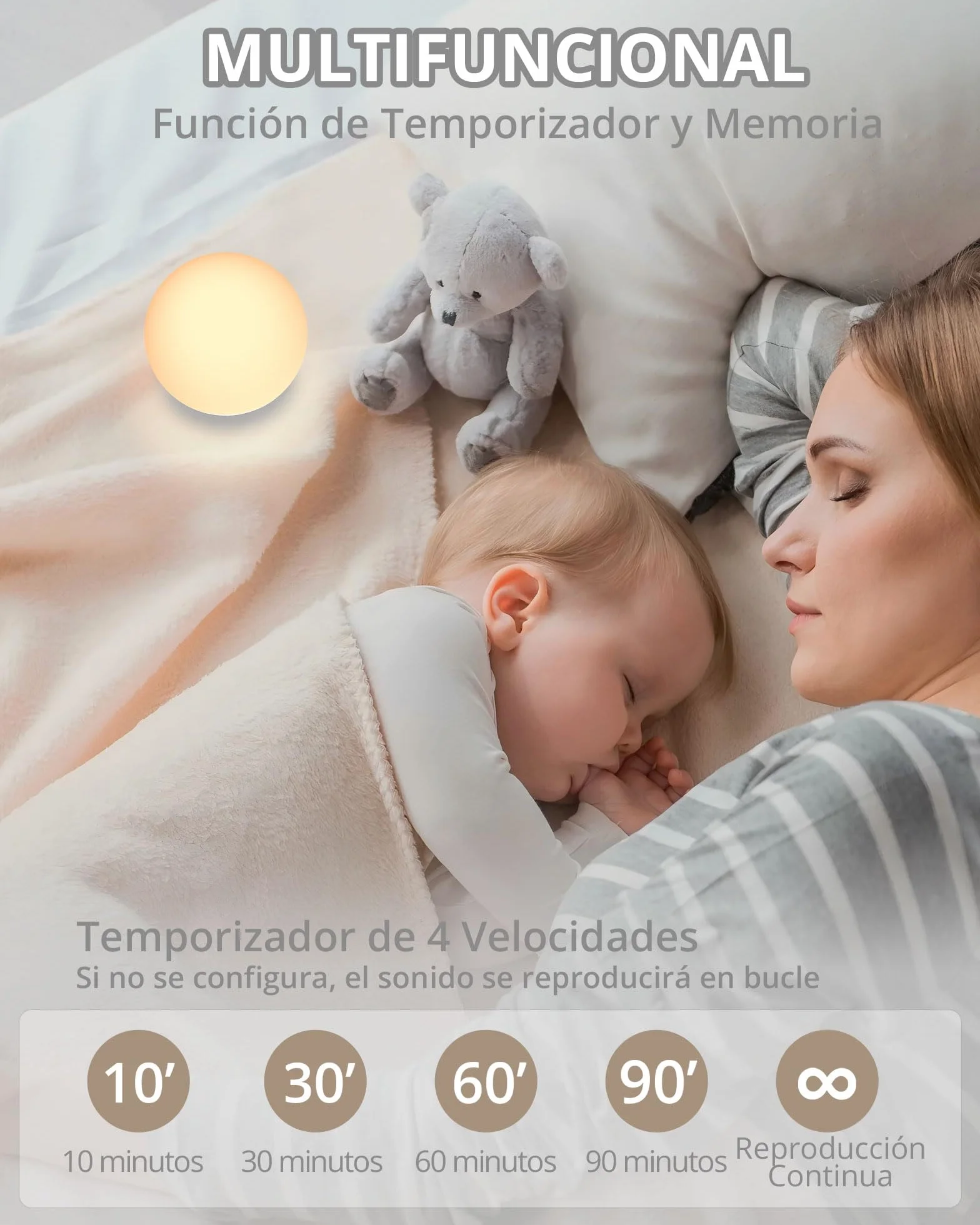 HOMGEN Máquina de Ruido Blanco 2 en 1 Recargable con Luz LED Ajustable, 24 Sonidos Relajantes, Luz Nocturna con Temporizador
