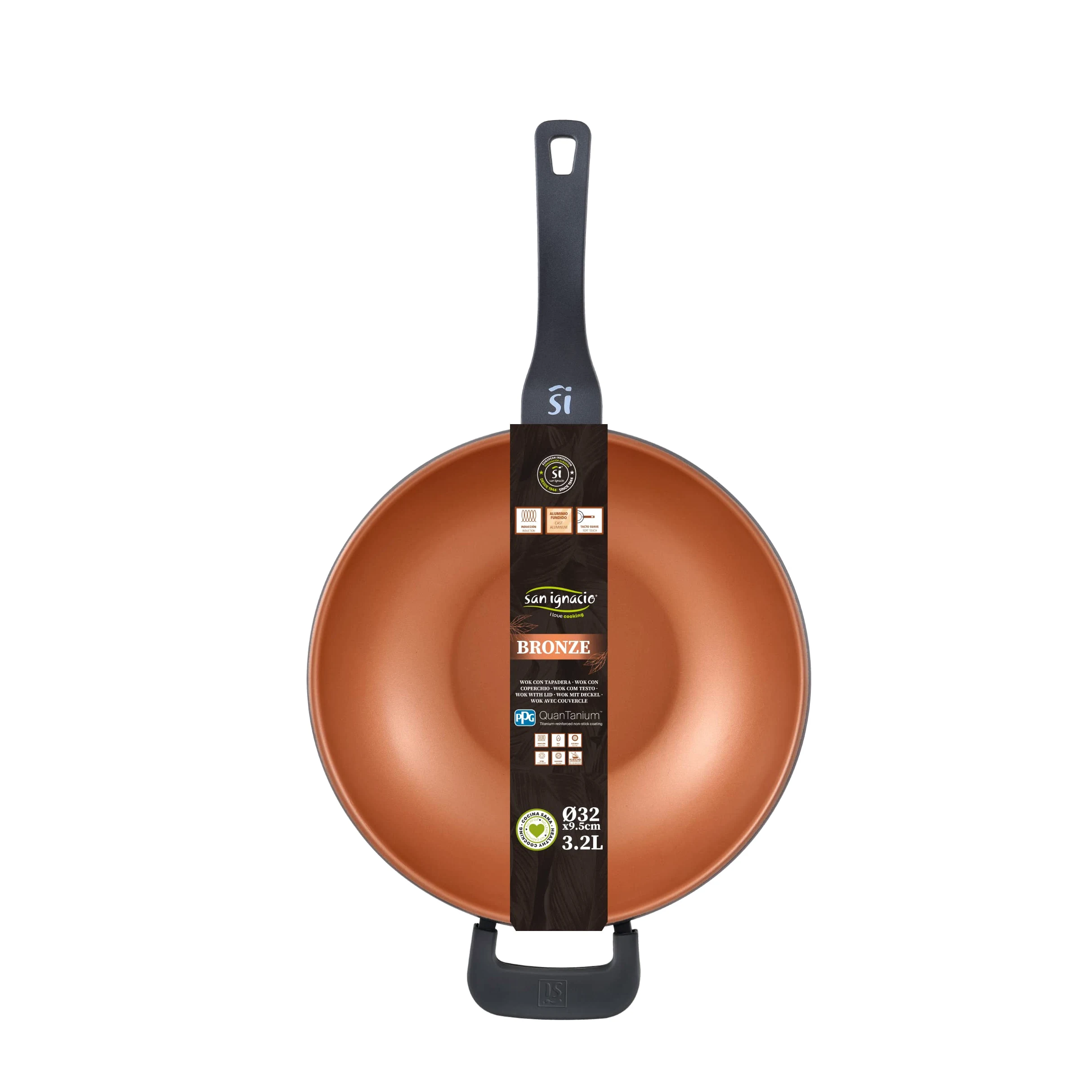 SAN IGNACIO Bronze - Wok de Cocina de 32 cm Antiadherente de Aluminio Fundido - Mango Soft Touch - Sin Tóxicos - Para Inducción, Vitroceramica y Todo Tipo de Cocinas