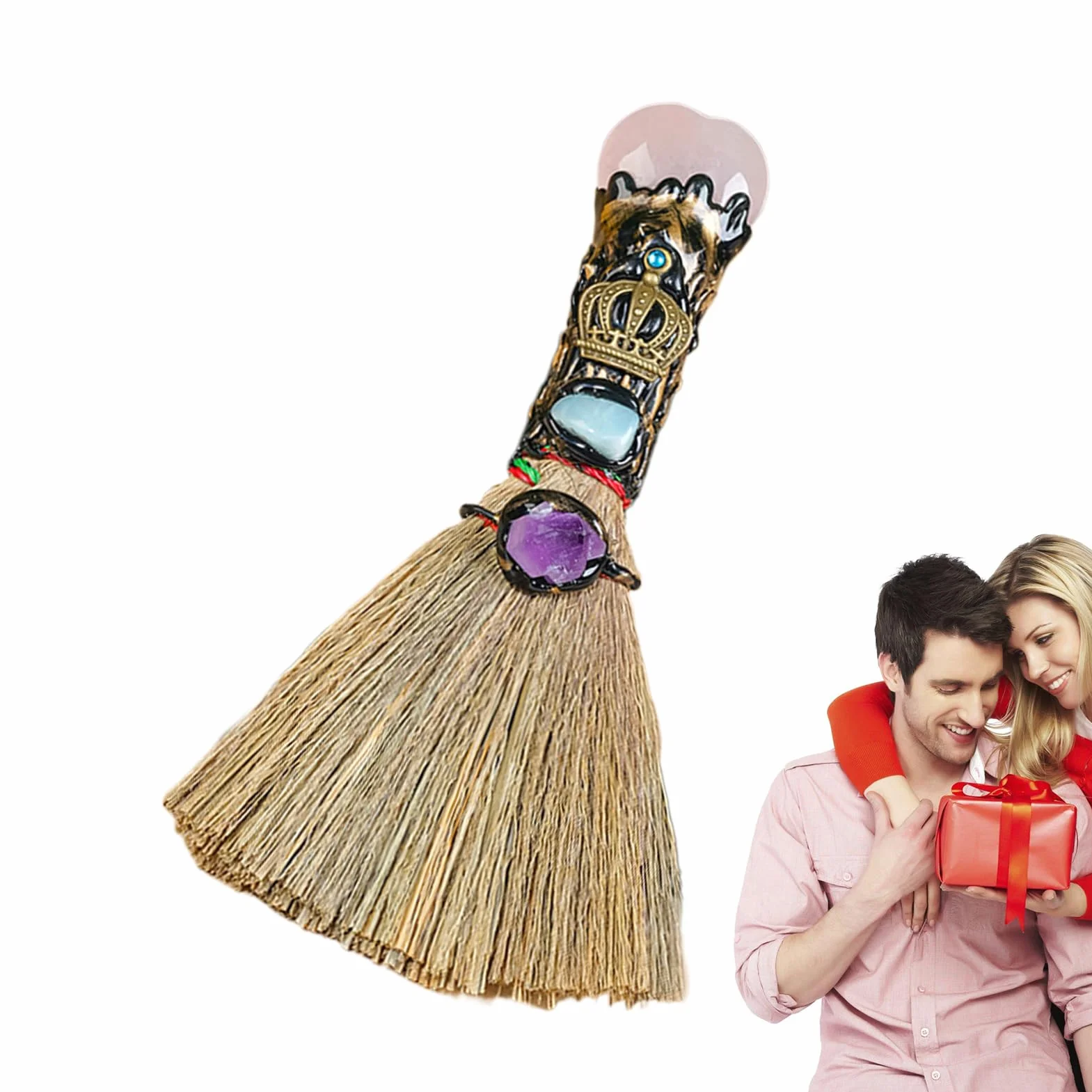 Escoba de altar de bruja | Escoba de bruja en forma de corazón de cristal para altar | Escoba de bruja para decoración del hogar, adornos curativos de Fengshui para el hogar, coche, oficinas, altar