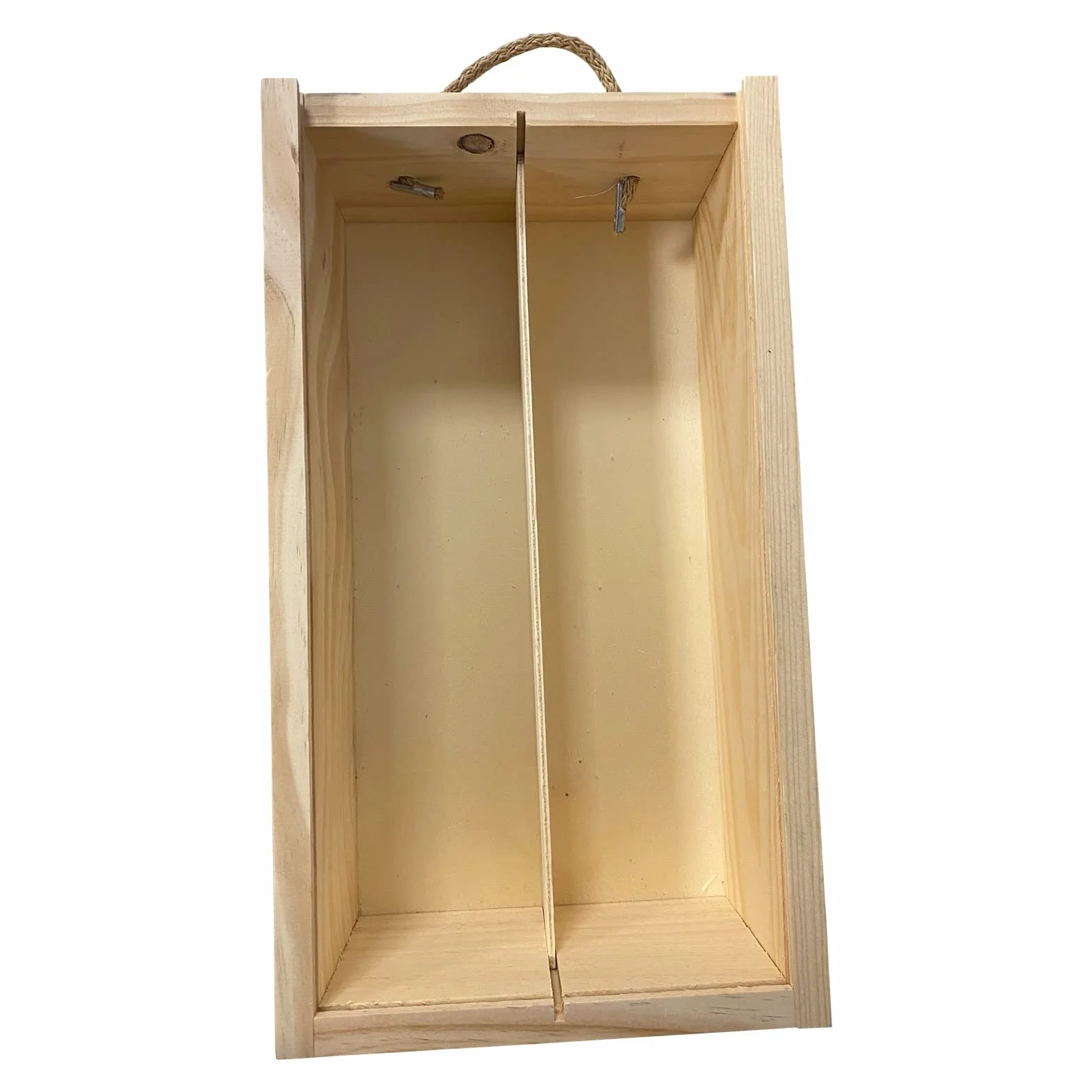 ADRI. Caja de madera para vino con virutas de relleno | 2 Botellas | Tapa corredera en DM y asas para transportar. Medidas de la caja 35 x 21 x 11 cm