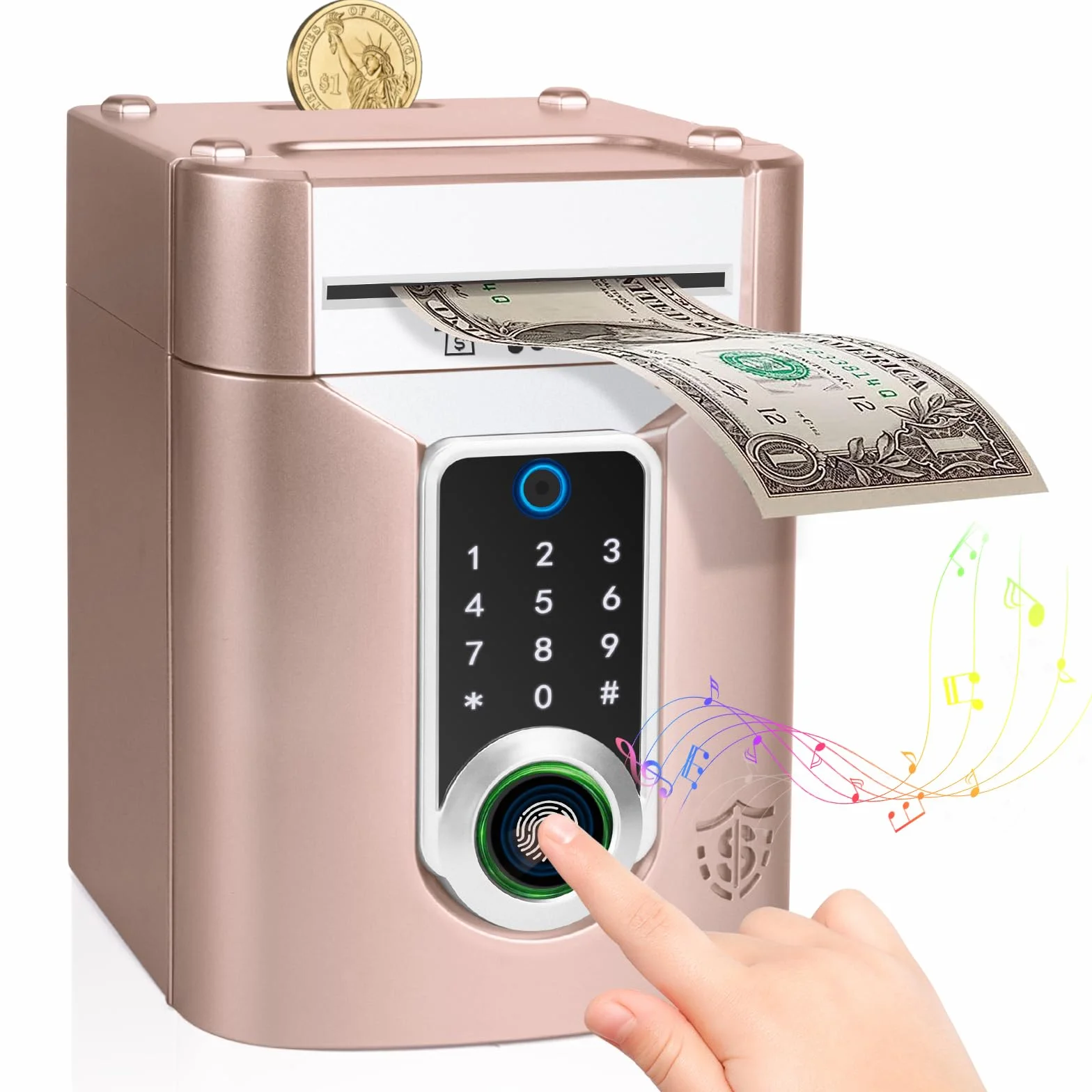Highttoy Hucha Caja Fuerte con Pantalla Táctil y Huella Dactilar, Cajero Automatico para Niños 3-12 Años, Oro Rosa