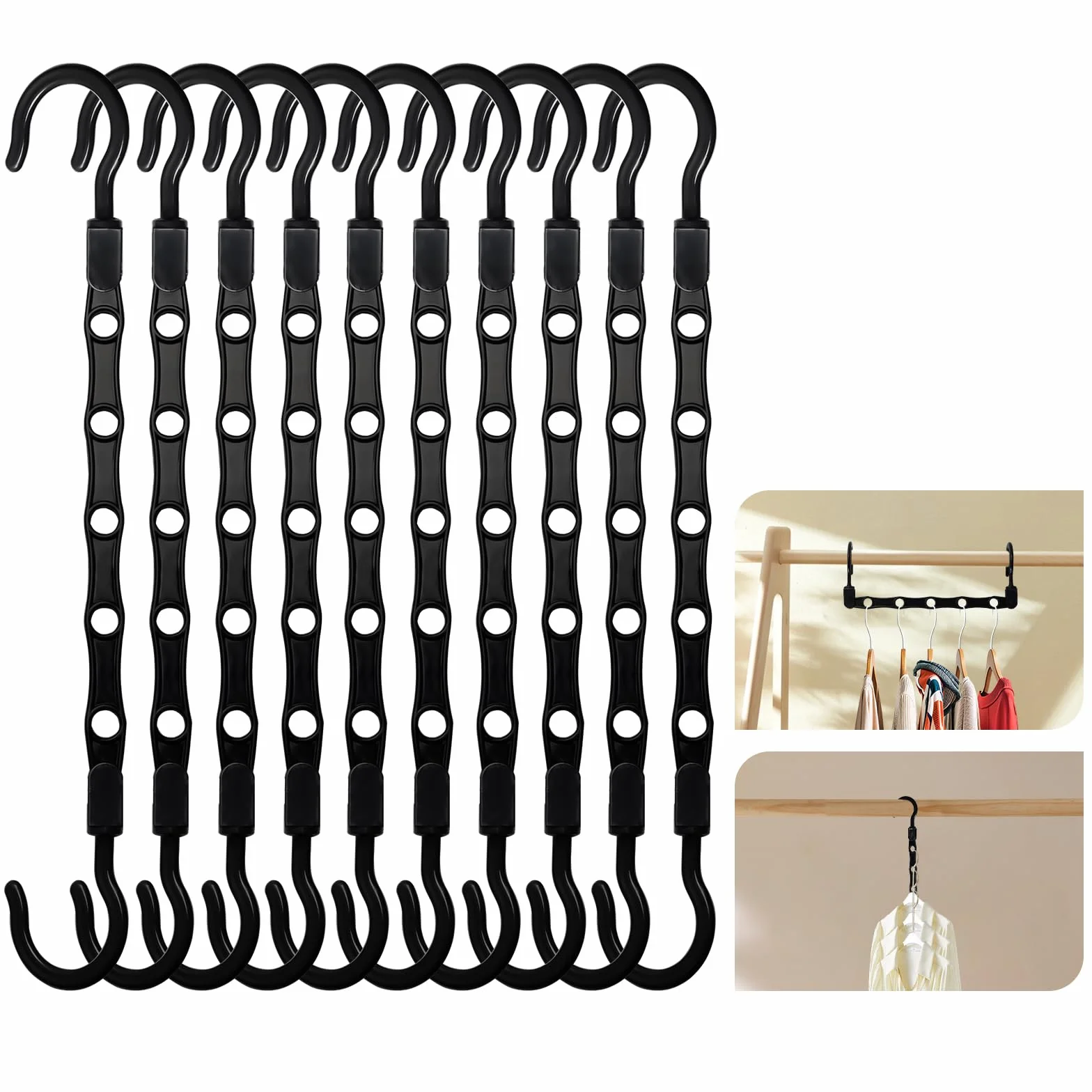 10 pcs Perchas Mágicas - Ahorro Espacio Organiador con 6 Agujeros y Gancho Giratorio de 360° - Ahorrar Espacio Perchas para Ropa Pesada, Negro
