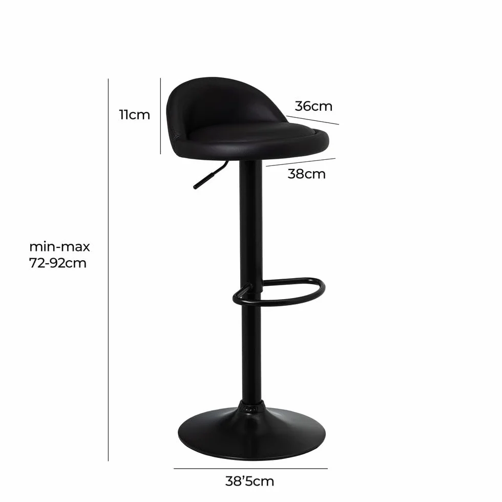 LOLAhome - Taburete de Cocina Giratorio en 360°, Silla de Bar Regulable en Altura de 72 a 92 cm, con Respaldo de Polipiel, Estructura Metal Negra y Reposapiés, Negro