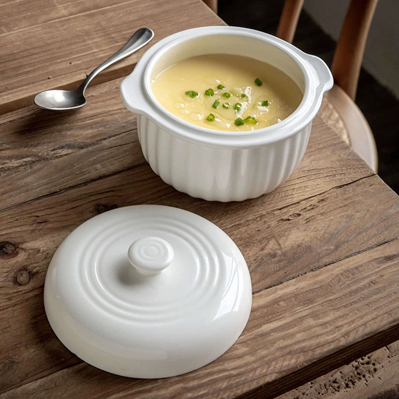 Tazón de Sopa, Tazones de Guiso, Tazas de Caldo, Tazones de Sopa con Asas, Taza de Sopa de Microondas con Tapa, Tazones de Sopa de Cebolla Francesa-Blanco-15x11x10cm, 450ml (Color : White, Size : 15