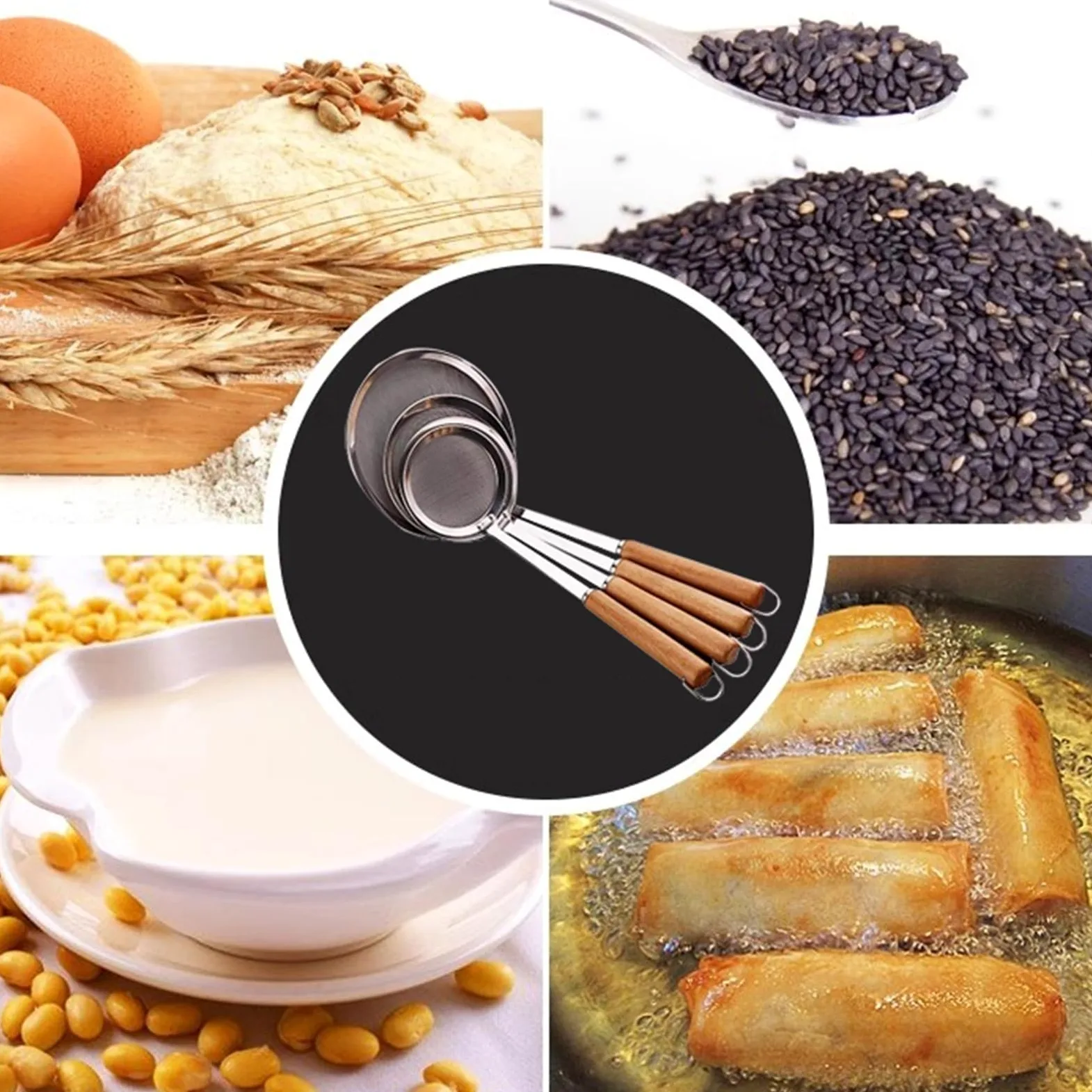 Juego de 4 tamices y coladores, colador de malla fina, colador doméstico, juego de tamiz fino, colador de cocina y hogar hecho de acero inoxidable para cocinar, quinua