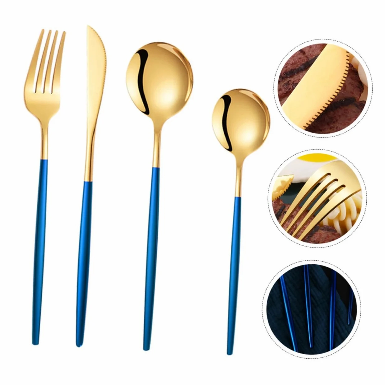 Juego de Cubiertos de Acero Inoxidable 1 Set, Tenedor de Cena | Diseño Clásico Moderno, Azul y Dorado, Uso en Boda y Celebraciones, Agarre Firme y Limpieza Fácil