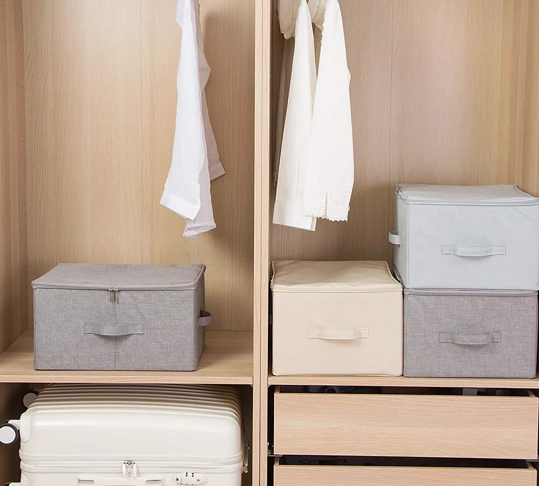 iwill CREATE PRO Contenedores de almacenamiento de lino plegables Jumbo, Tide Up Your Closet, conveniente compartimiento de almacenamiento con tapa, Beige, paquete de 2