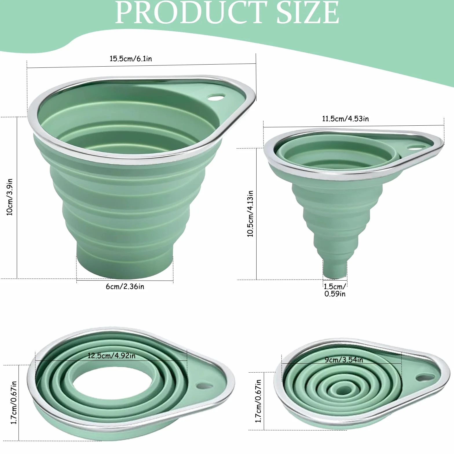 Embudos de Cocina de Silicona, 2 Piezas Embudo para Mermelada Plegables con Borde de Acero Inoxidable, Incluye Embudo Grande y Pequeño para Rellenar Botellas, Conservas e Ingredientes Secos y Líquidos