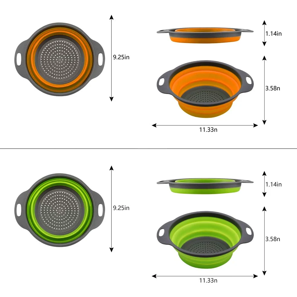 QiMH Juego de 3-2 coladores plegables de 4 cuartos y 1 colador de 6 cuartos de galón sobre el fregadero, base de plástico resistente de grado alimenticio, colador de alimentos plegable de silicona