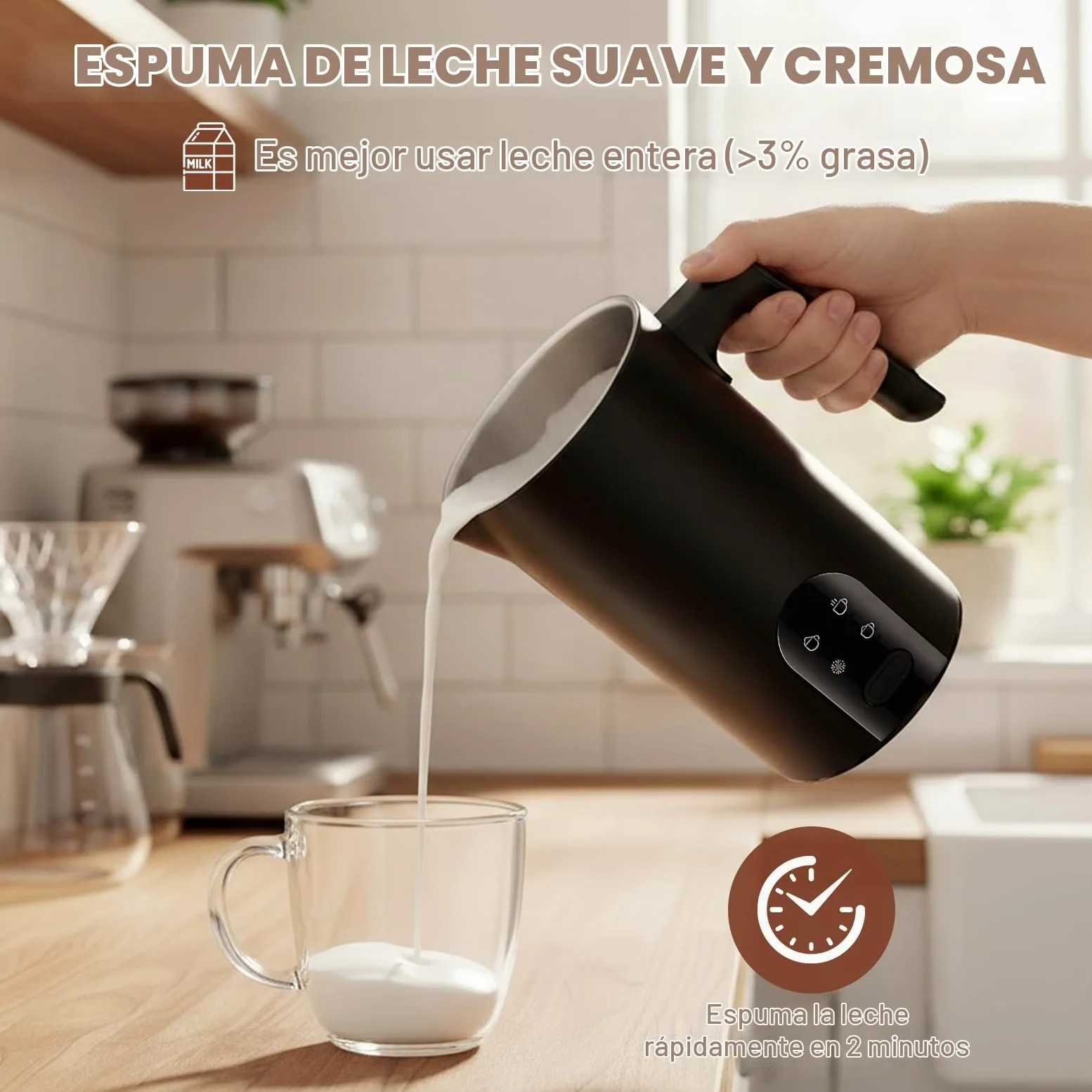 Espumador De Leche Eléctrico Con 4 Funciones: Espumador Automático Para Leche Caliente Y Fría, Apagado Automático, Acero Inoxidable, Ideal Para Matcha (Negro)