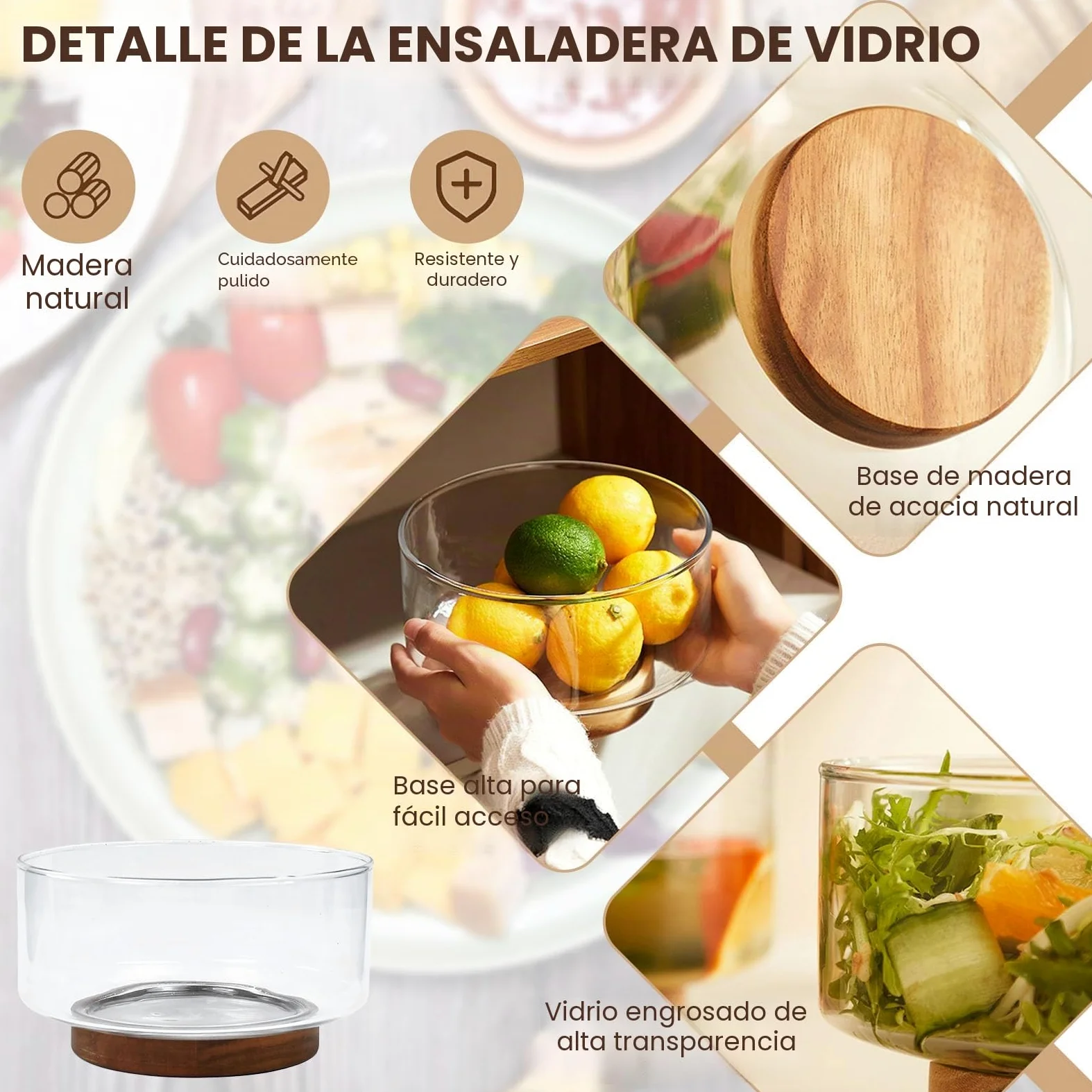 Bol Cocina Cristal 23cm 3700ml Bol Ensalada Grande Bol de Mezcla Ensaladera Cristal con base de Madera Apto para Lavavajillas Microondas para Preparar, Servir y Mezclar + 1x Cuchala 1x Tenedor | Cuenco grande de cristal, ensaladera de cristal extragrande