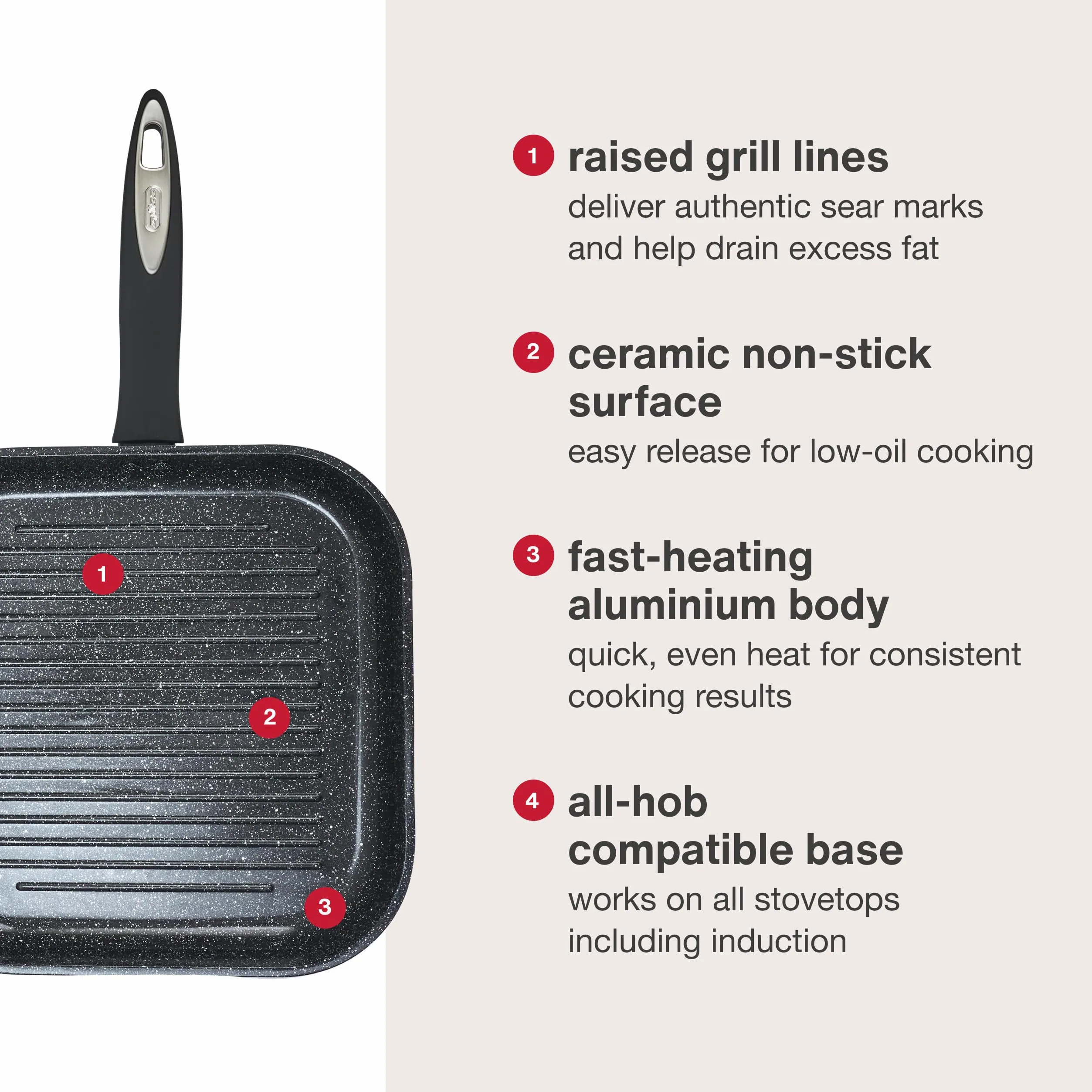 Zyliss Ultimate Sartén Grill Antiadherente de Cerámica 26x26 cm, sin PFOA | Apto para inducción y horno, No Tóxica para cocina saludable, Apto para lavavajillas, aluminio forjado, garantía de 10 años