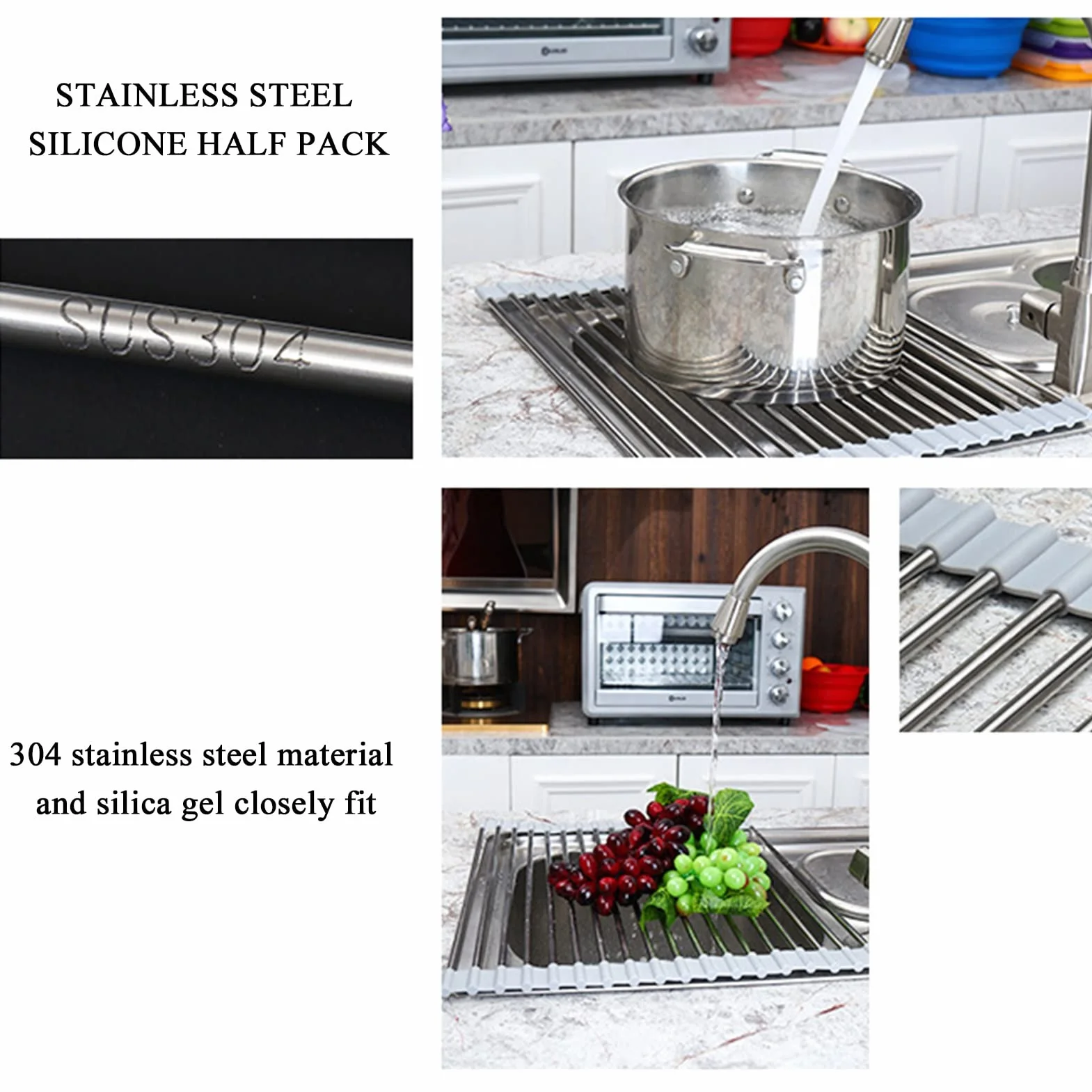 Escurridor de platos enrollable para fregadero, escurridor de cocina para platos, frutas y verduras, tamaño ajustable (13.2 x 13.8 pulgadas), ahorro de espacio y diseño