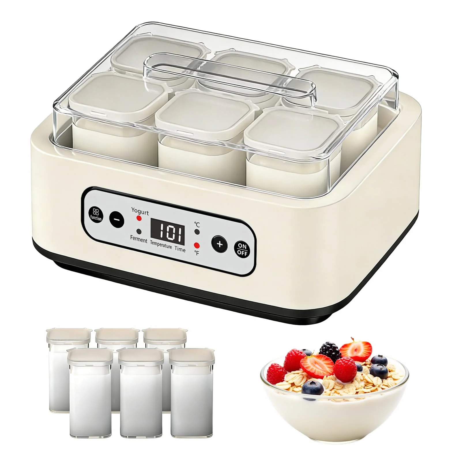 Yogurtera, Máquina para Hacer Yogur de 1,6 L con 6 Tarros de 250 ml Yogurtera con Temporizador de 1 a 99 Horas Control de Temperatura de 21 a 48 °C y Pantalla LCD para Yogur Natto y Vino de Arroz