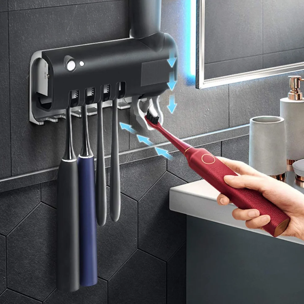 Soporte desinfectante para cepillos de dientes con dispensador automático de pasta de dientes, tecnología de inducción corporal, incluye 5 soportes esterilizadores para cepillos de dientes sin