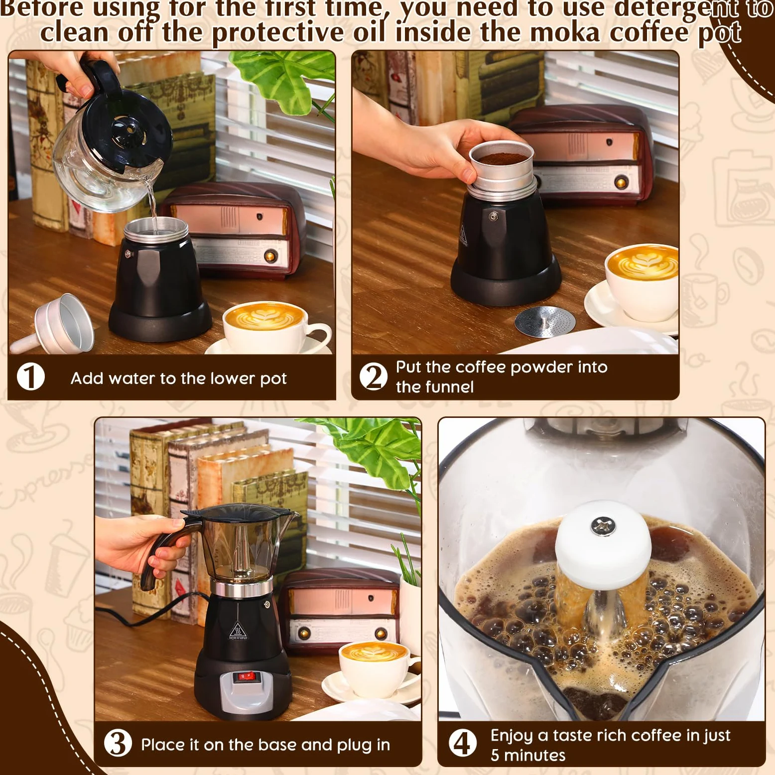 Cafetera italiana eléctrica cafetera cafetera clásica espresso 6 tazas aluminio café moca con base desmontable máquina portátil 300 ml cafeteras