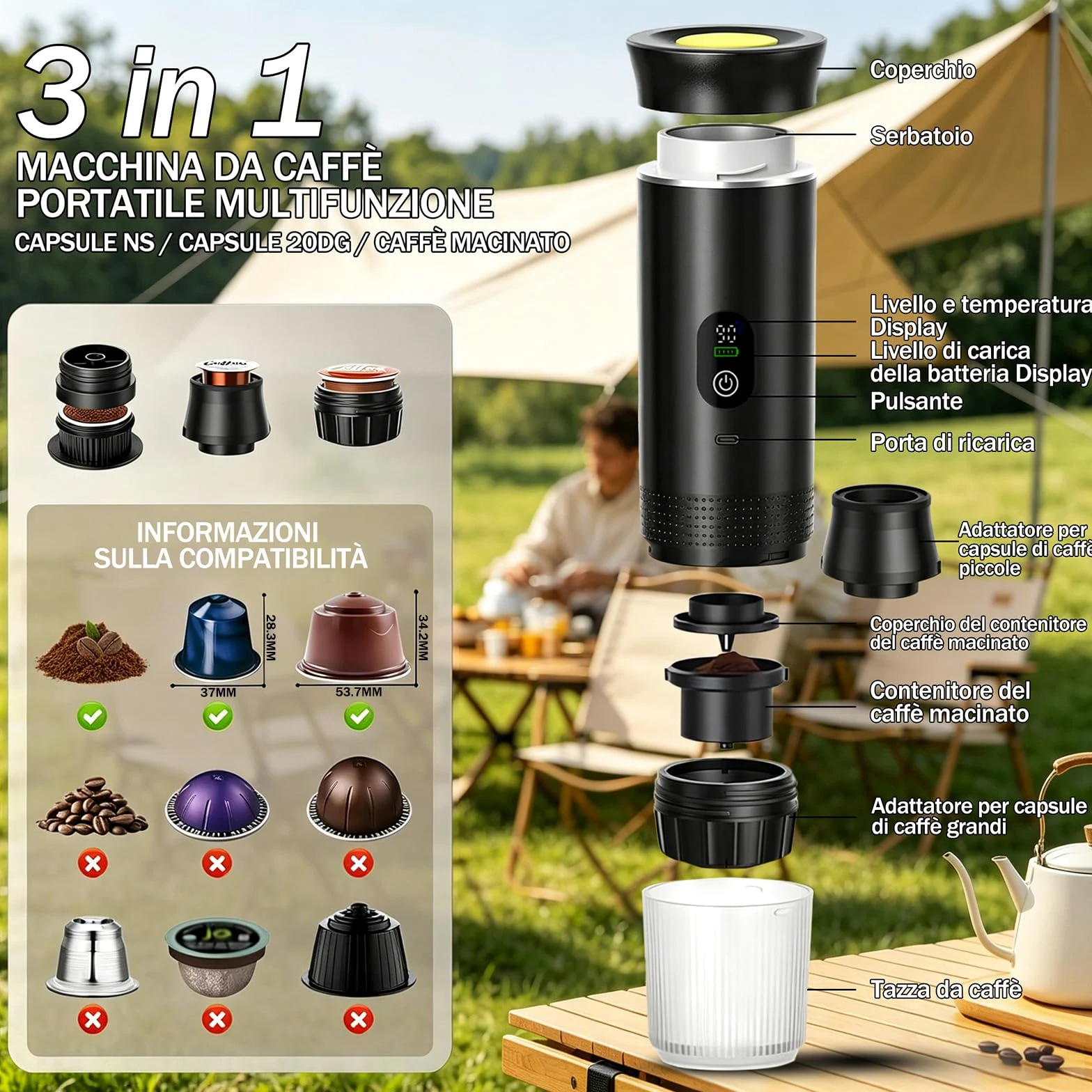 Portable Coffee Maker 3 en 1 Espresso Machine USB-C Mini Electric Hot Water Coffee Maker Compatible with Ness-Preso, Dolce-Gusto and Ground Coffee Capsules
