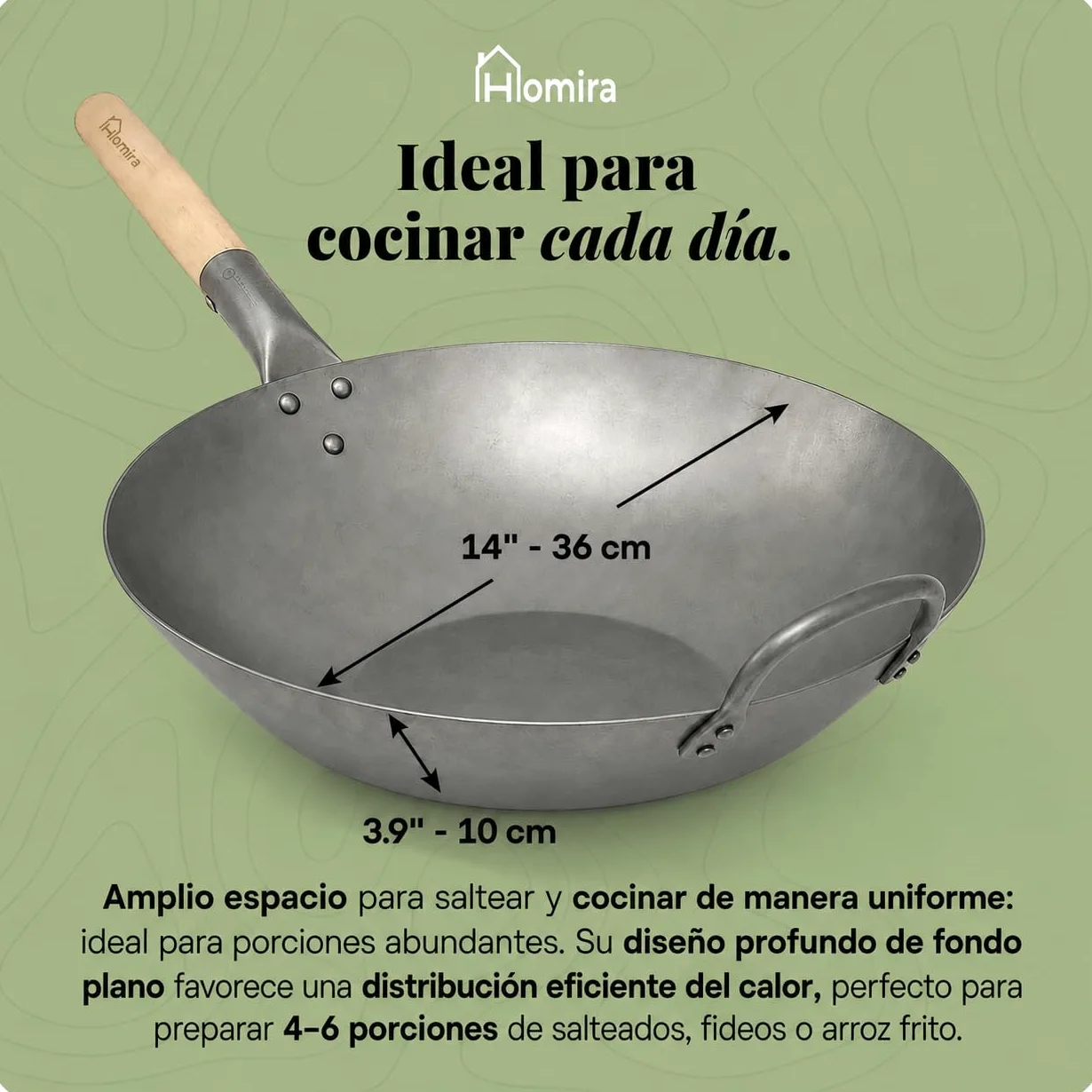 Homira Wok de Acero al Carbono de 36 cm, Martillado a Mano, Fondo Plano y Mango de Madera – Sartén Wok Tradicional sin PFAS para Inducción, Gas, Vitrocerámica, Barbacoa y Exterior (Fondo Plano)