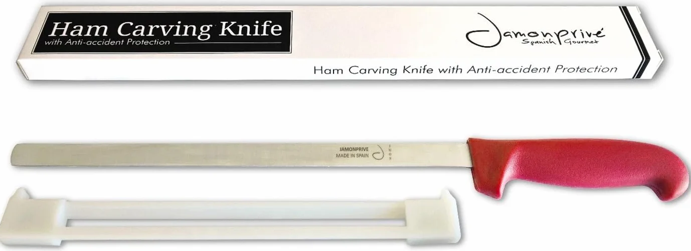 Jamonprive - Cuchillo Jamonero con Protector Anti-accidentes para Zurdos & Diestros (30 cm) - Ideal para cortar el Jamón Serrano e Ibérico